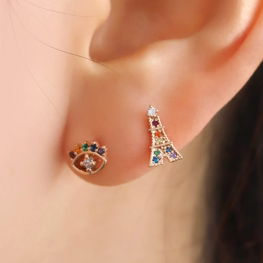 14K 18K Solid Gold Rainbow Cz Evil Eye Cartilage Helix Inner Conch  Barbell Piercing Earring Stud