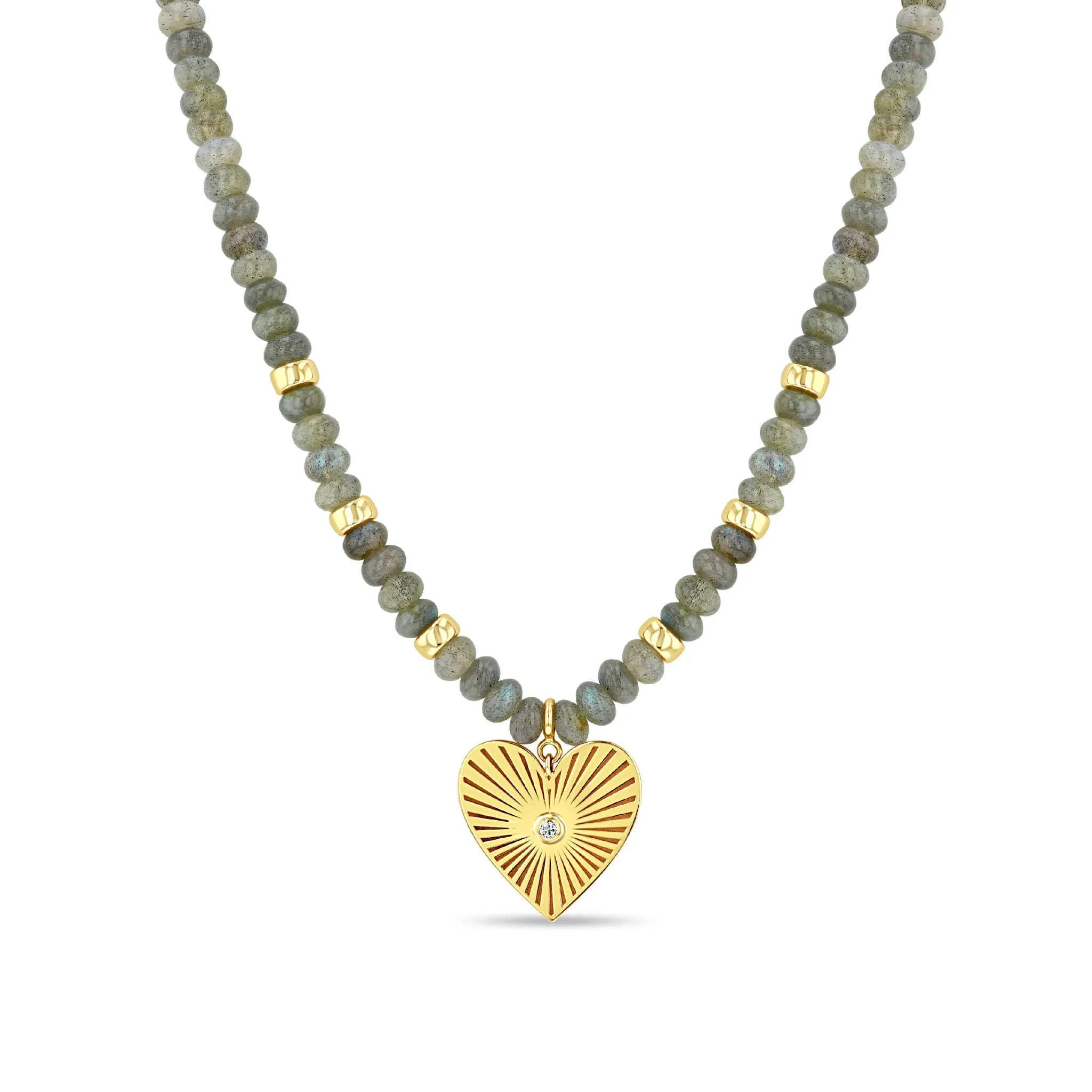 14k Gold & Labradorite Rondelle Bead with Radiant Heart Pendant Necklace