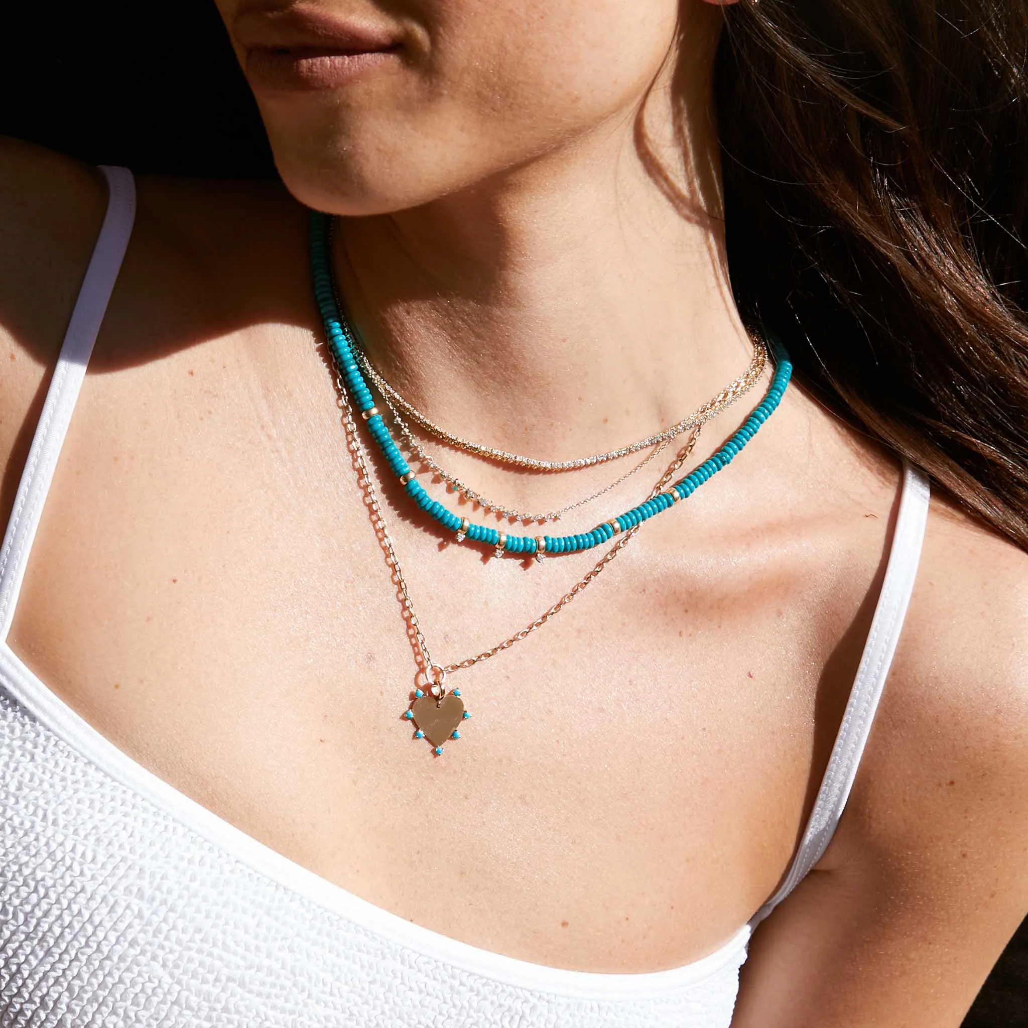 14k Gold & Turquoise Rondelle Bead Necklace with 3 Prong Diamonds