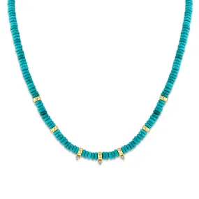 14k Gold & Turquoise Rondelle Bead Necklace with 3 Prong Diamonds