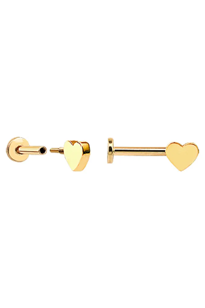 14k Solid Gold Heart Tragus Helix Cartilage Internally Threaded Flat Back Earring Labret Stud