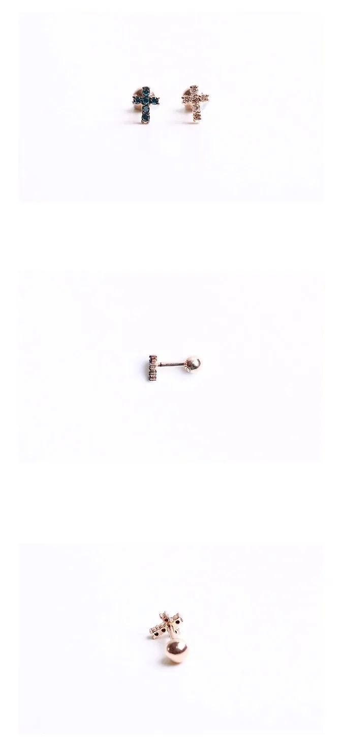 14K Solid Gold Natural Diamond Cross Helix Tragus Cartilage Conch Barbell Piercing Earring Stud