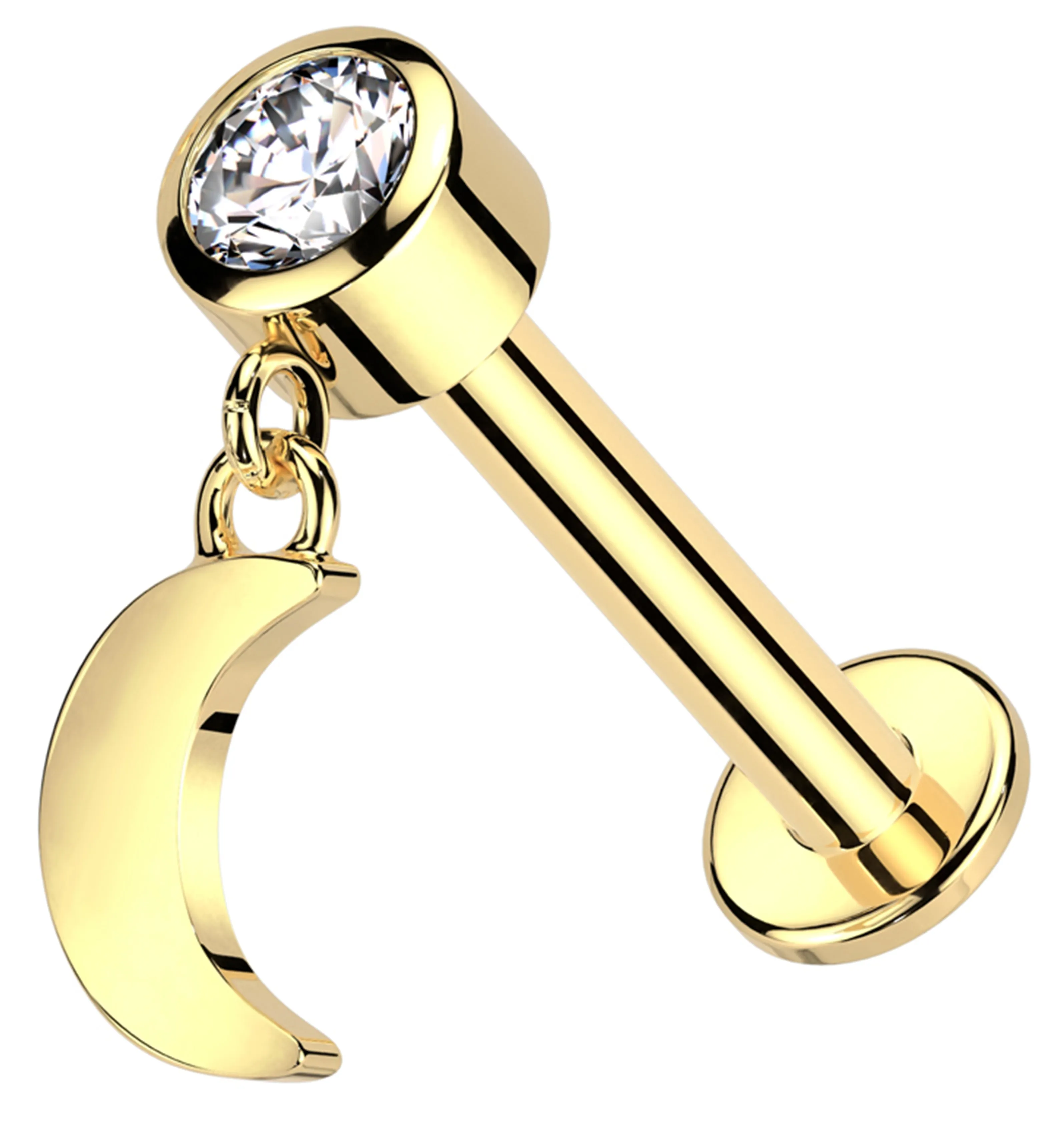 14kt Gold Dangle Half Moon Clear CZ Internally Threaded Labret