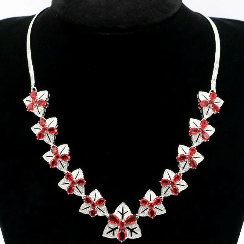 18k White Gold-Plated Red Ruby CZ Statement Wedding Necklace