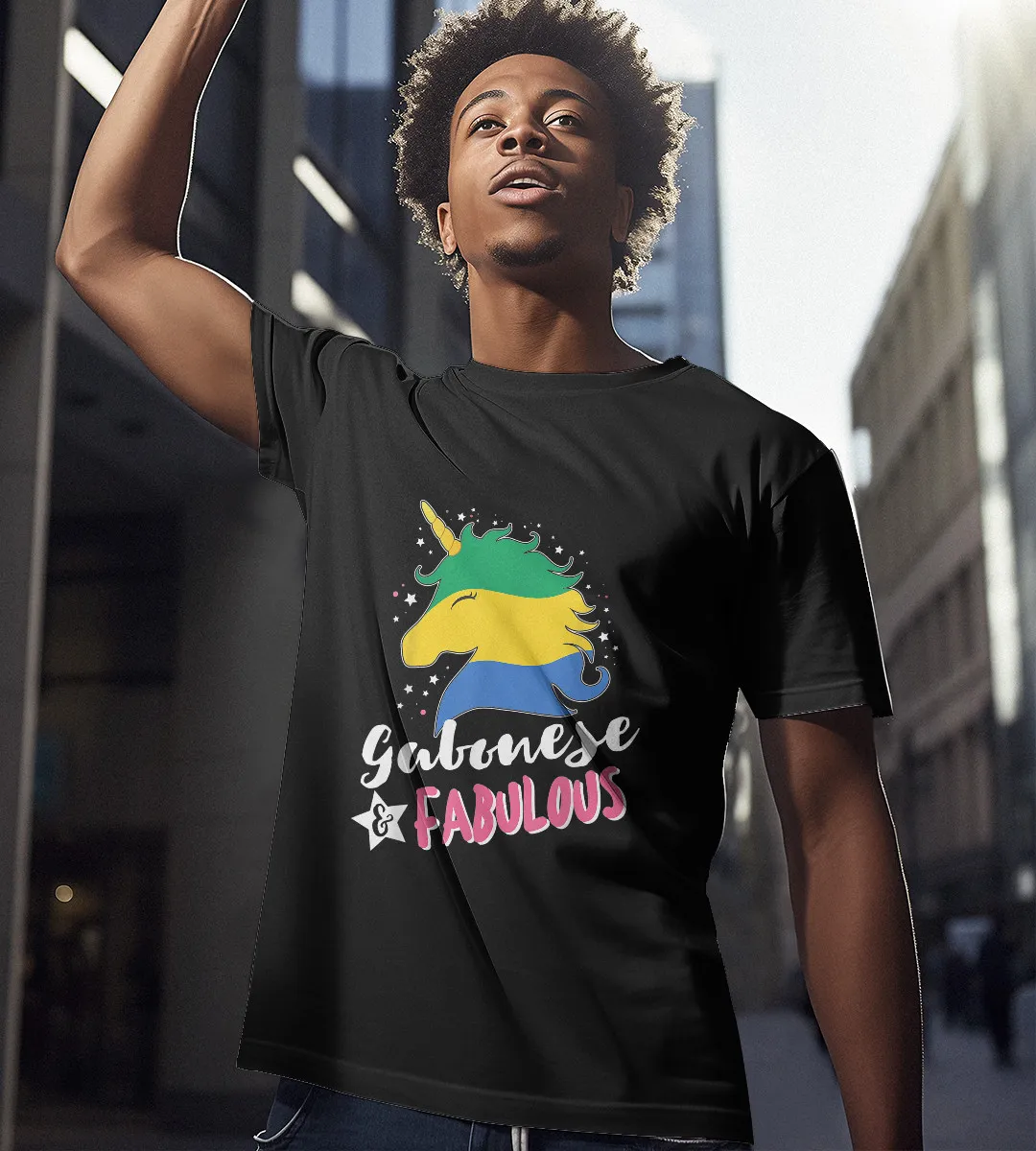 1sttheworld T-Shirt - Gabonese Unicorn Flag T-Shirt Black A35