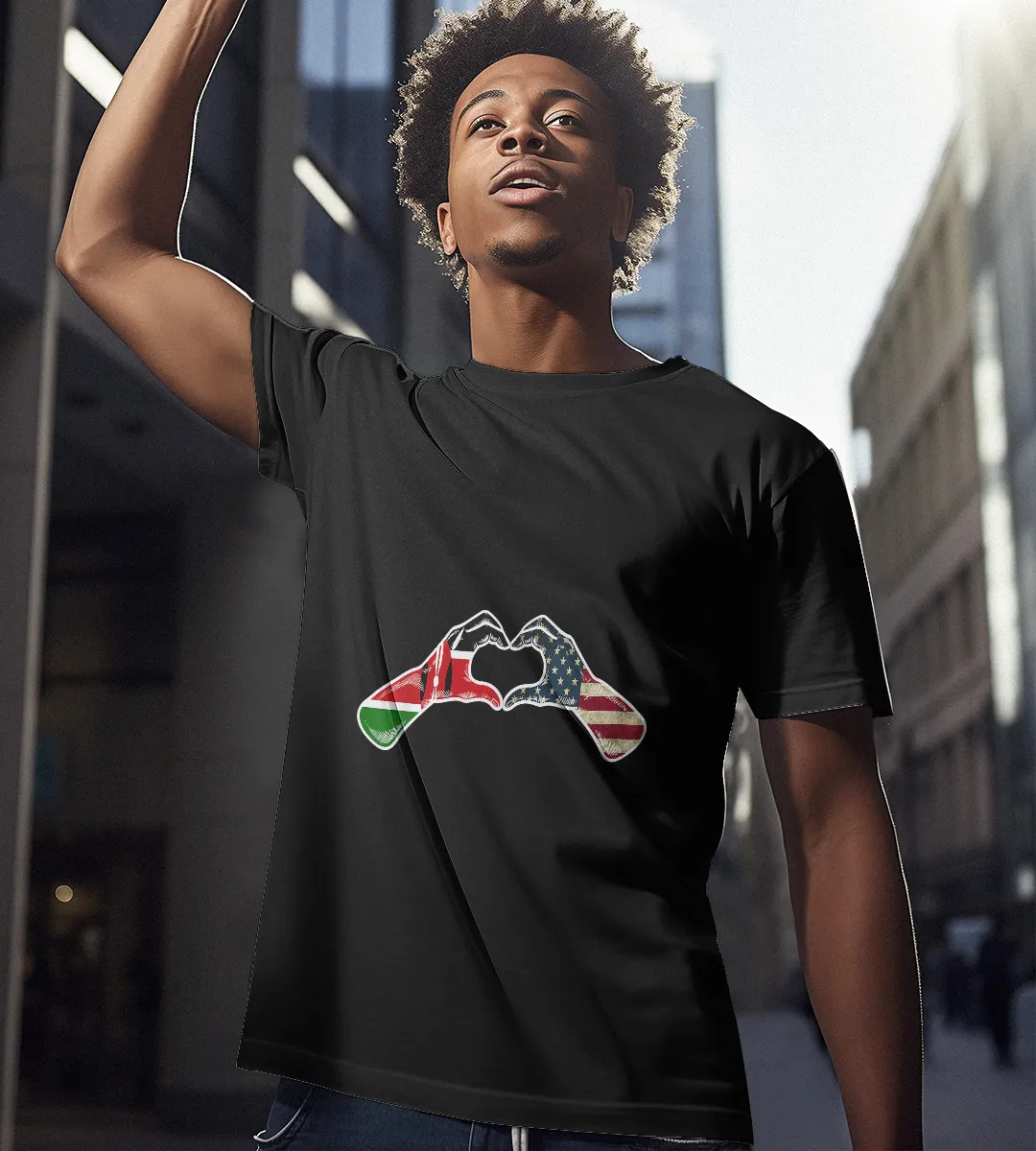 1sttheworld T-Shirt - Hand Shape Heart Half Kenya Flag Half American Flag T-Shirt Black A35