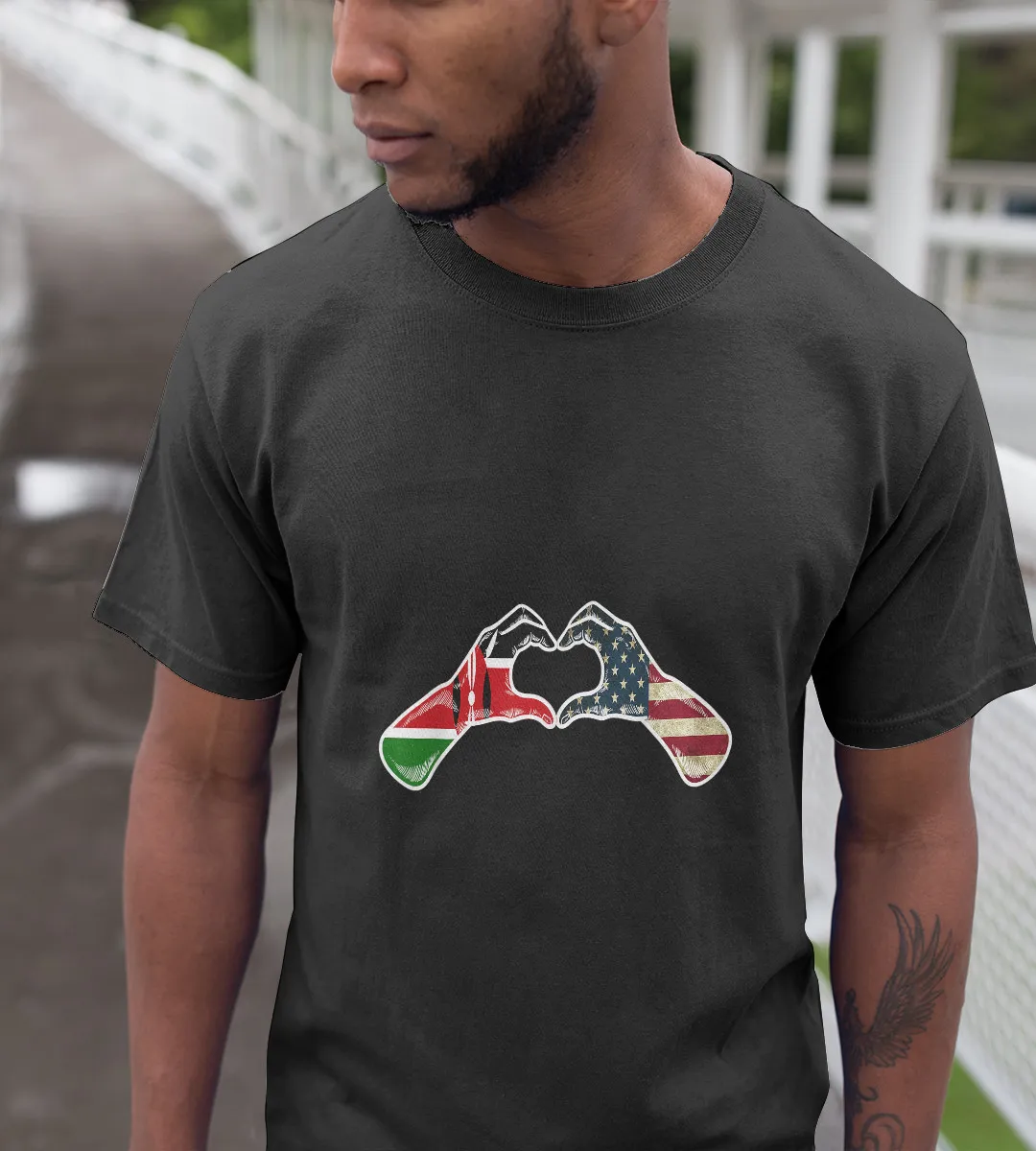 1sttheworld T-Shirt - Hand Shape Heart Half Kenya Flag Half American Flag T-Shirt Black A35