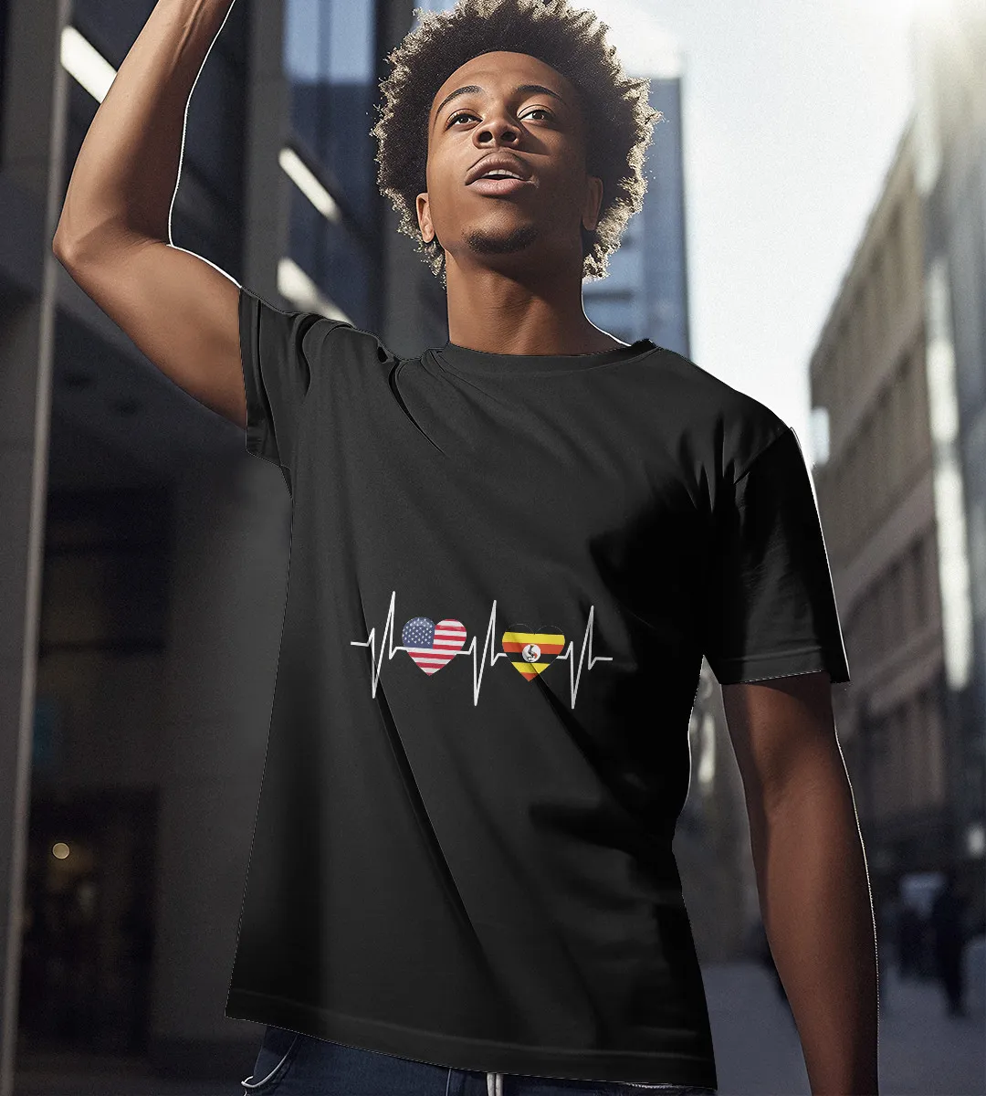 1sttheworld T-Shirt - Heartbeat America Ugandan Flag T-Shirt Black A35