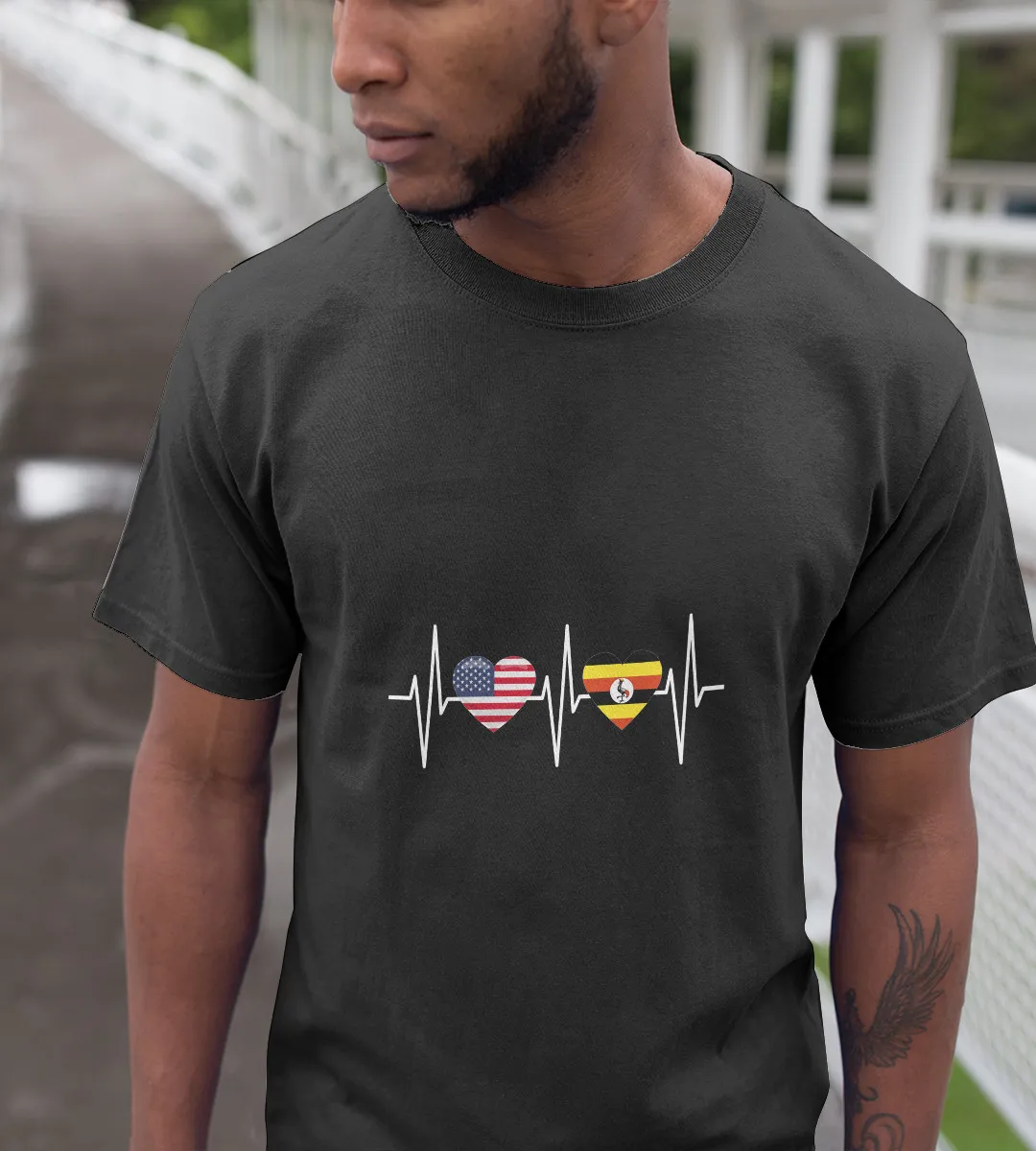 1sttheworld T-Shirt - Heartbeat America Ugandan Flag T-Shirt Black A35