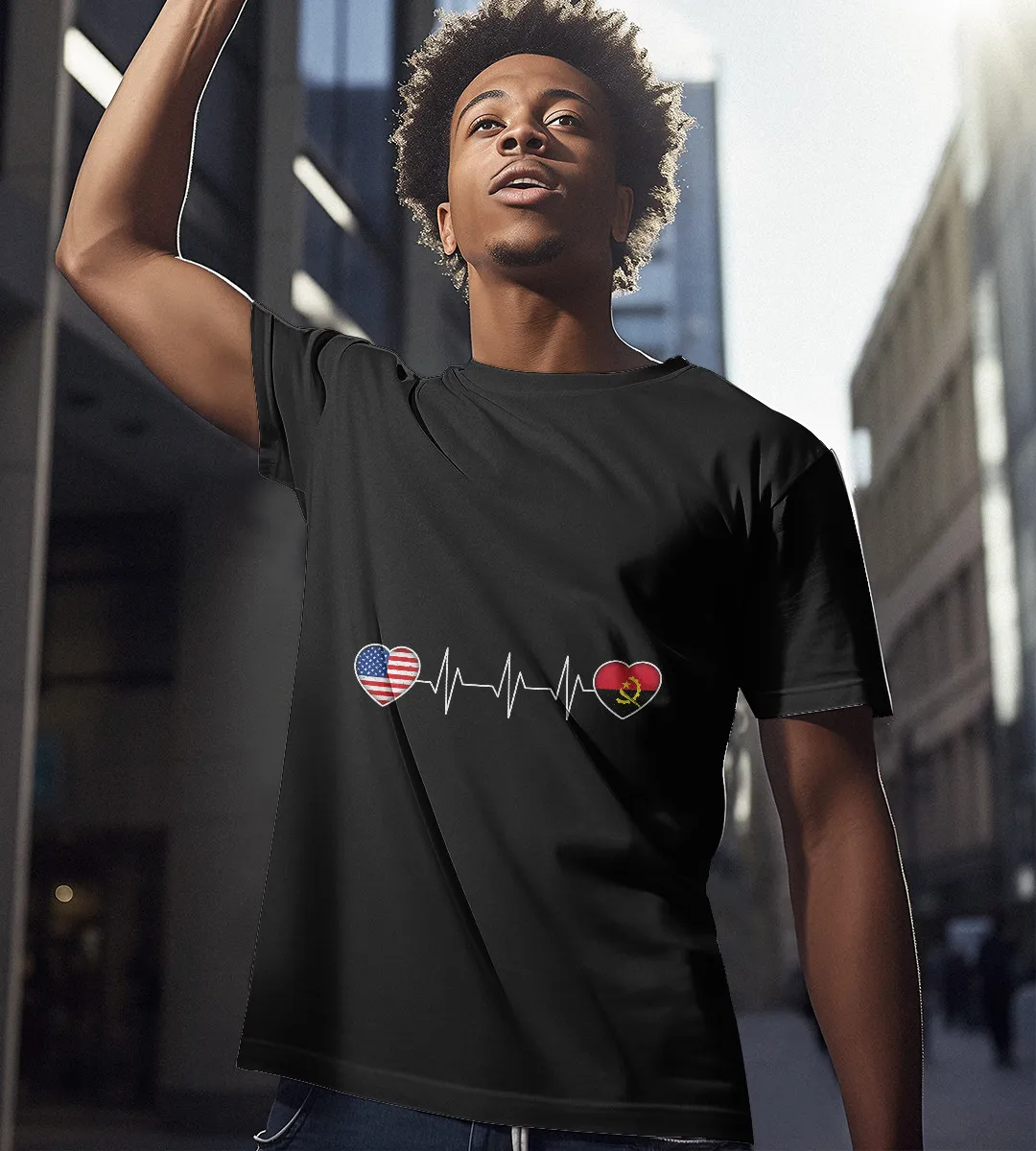 1sttheworld T-Shirt - Heartbeat Angola & USA Flag T-Shirt Black A35