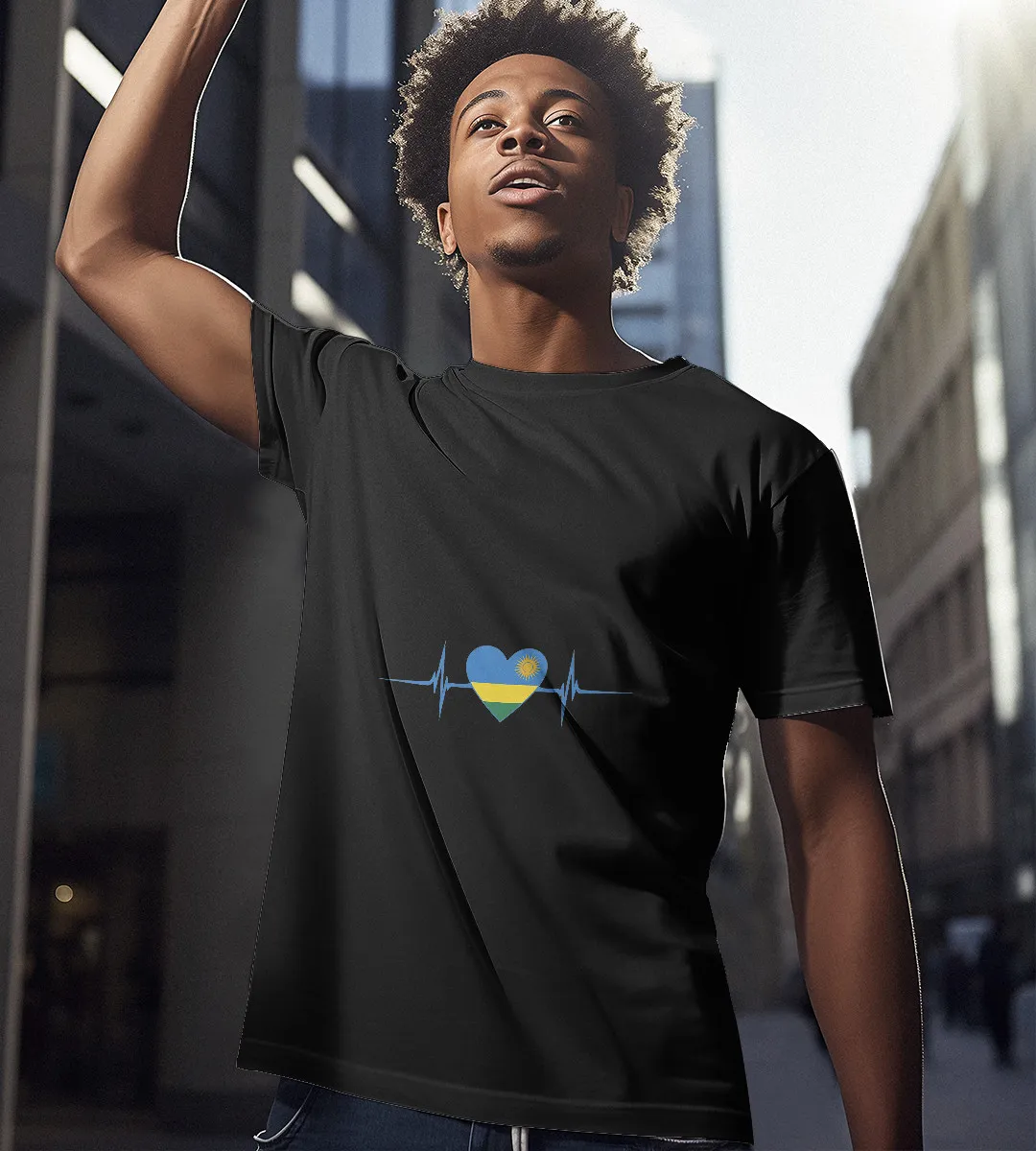 1sttheworld T-Shirt - Heartbeat Rwandan Heart Flag T-Shirt Black A35