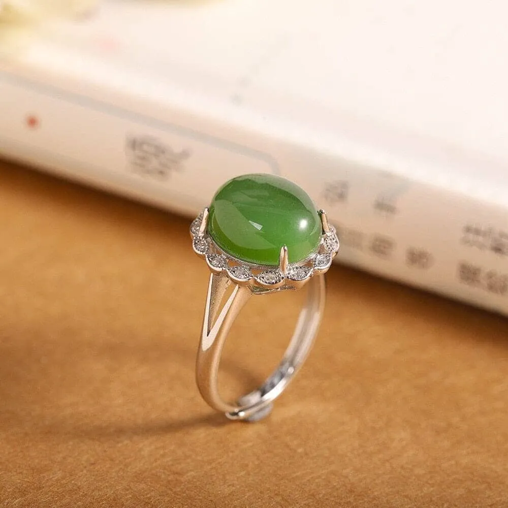 925 Sterling Silver Split Oval Cabochon Green Real Natural Jade Stone Resizable Ring