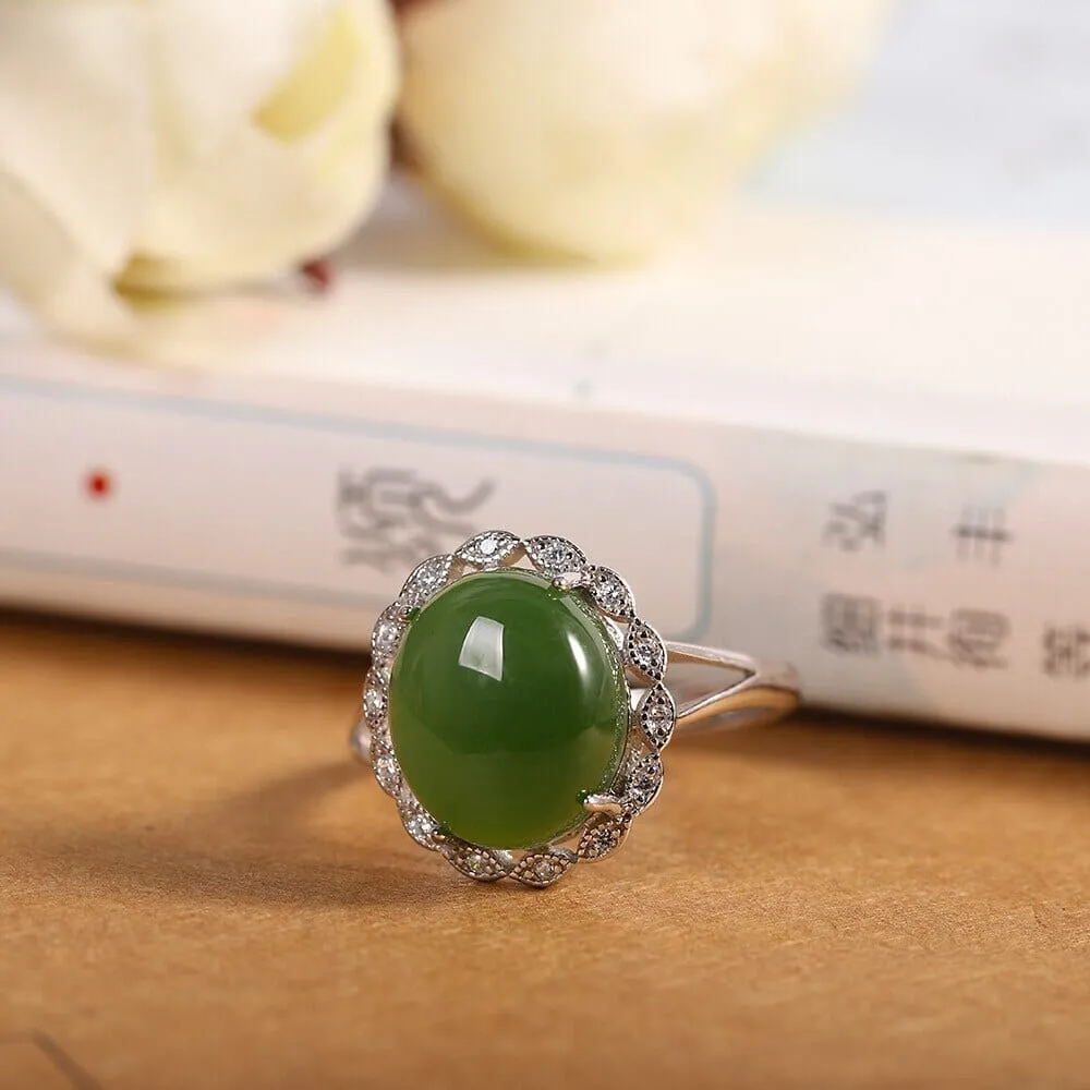 925 Sterling Silver Split Oval Cabochon Green Real Natural Jade Stone Resizable Ring