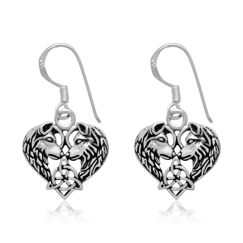 925 Sterling Silver Wolf Head Heart Earrings