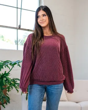 Aleisha Corded Banded Bottom Top - Burgundy