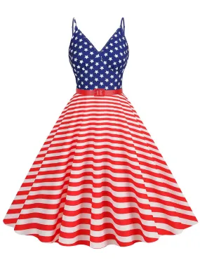 American Flag Stars Stripes Spaghetti Strap 1950S Vintage Dress