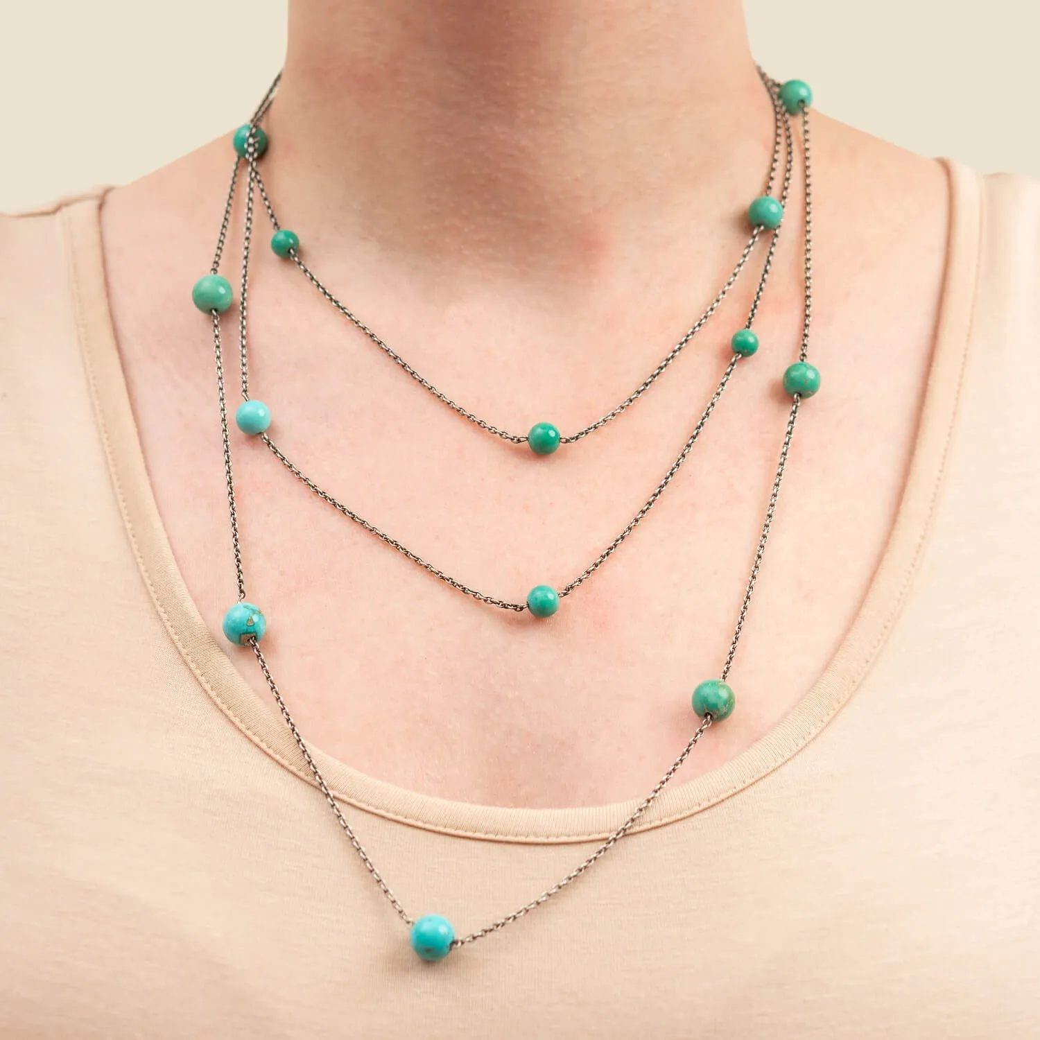 Art Deco Sterling   Turquoise Chain Necklace