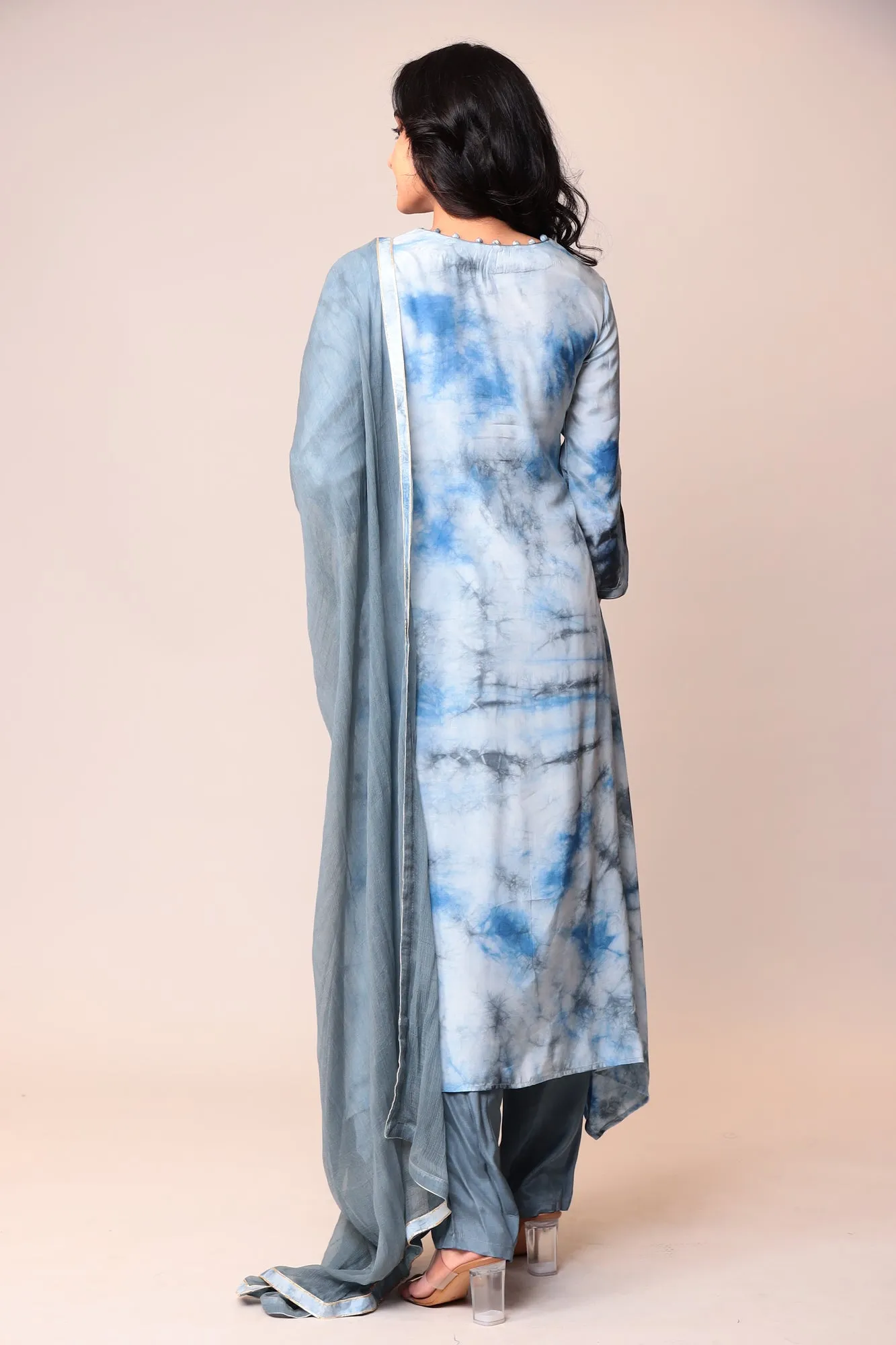 Assymetrical Cut Tie & Dye Silk Kurta Stitched (3Pc) with Gota Patti and Thread Work.