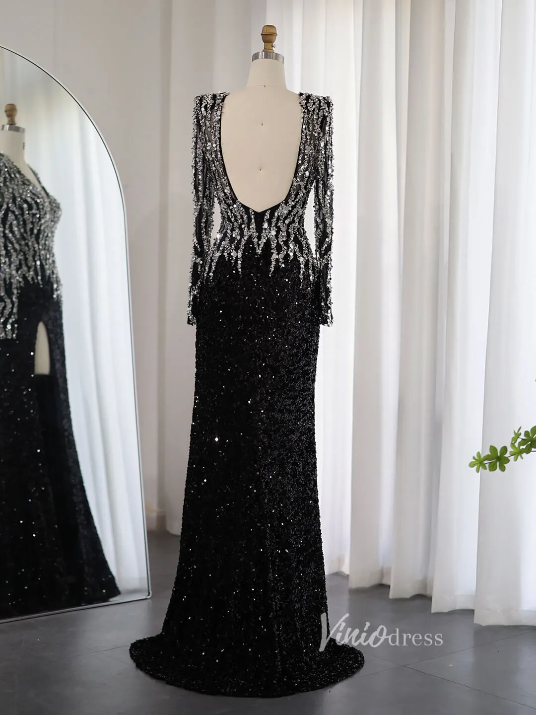 Black Beaded V-Neck Prom Dresses with Slit Sequin Long Sleeve Open Back Pageant Dress AD1175