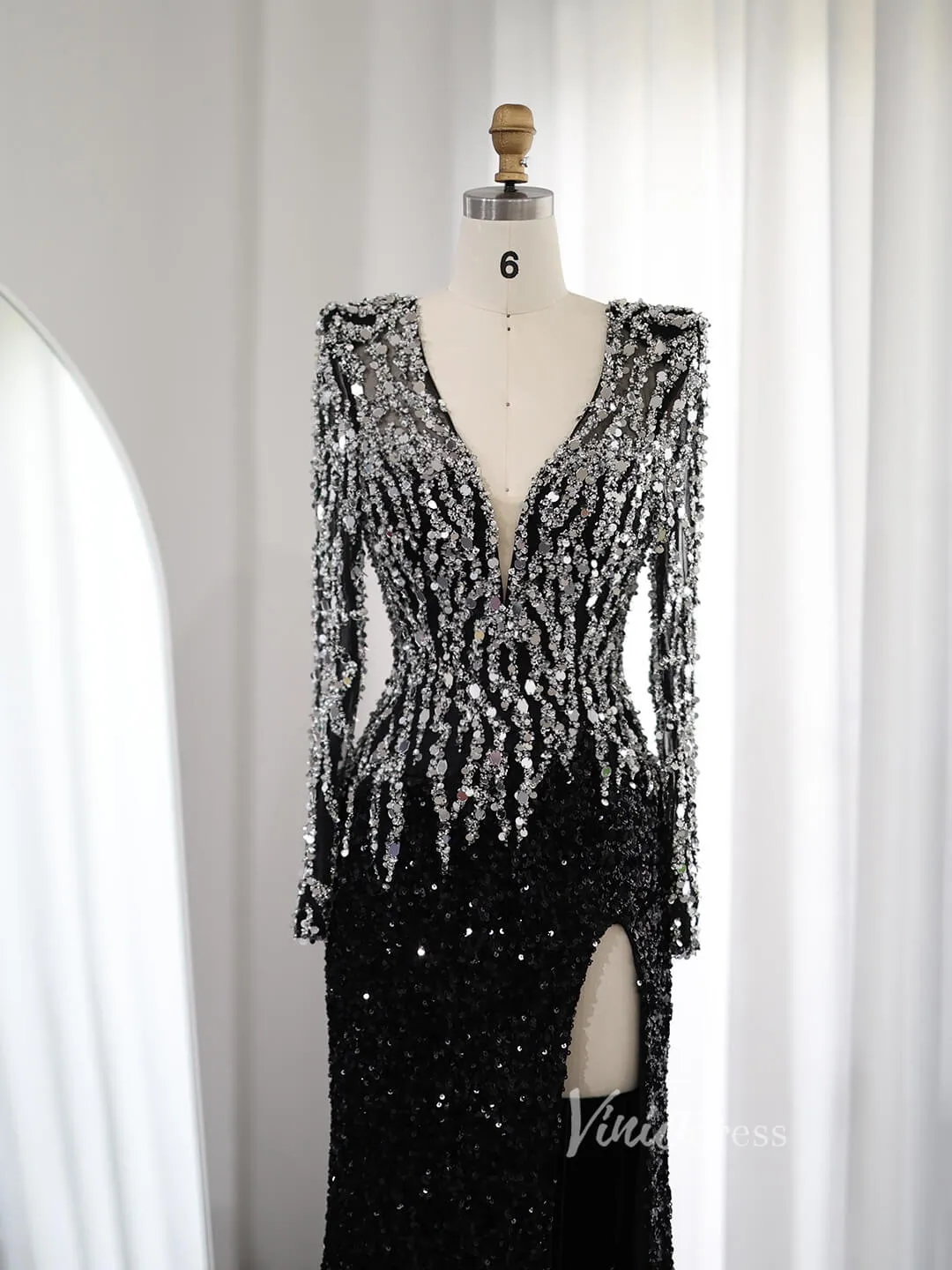 Black Beaded V-Neck Prom Dresses with Slit Sequin Long Sleeve Open Back Pageant Dress AD1175