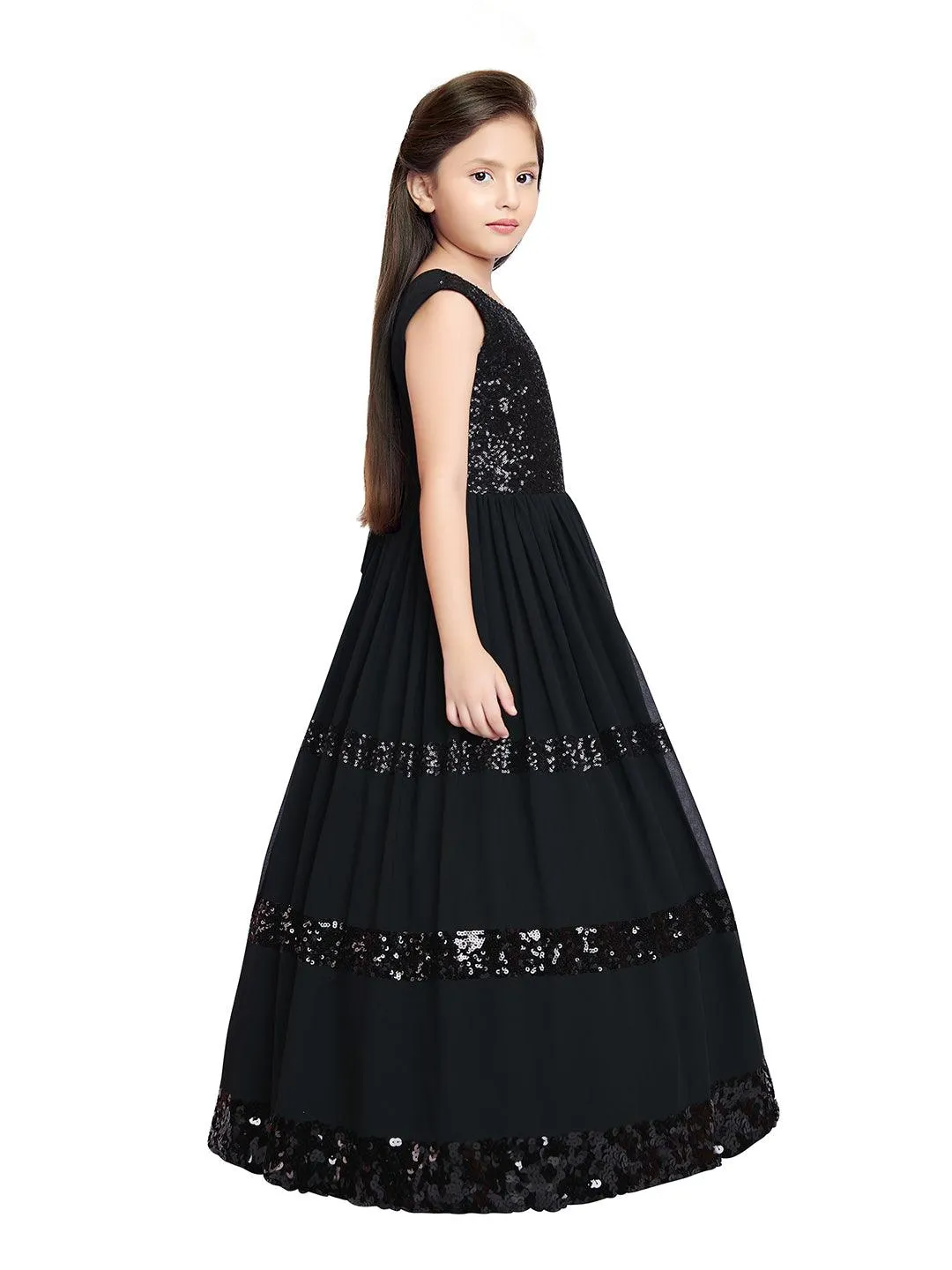 Black Coloured Sequined  Georgette Gown For Girls