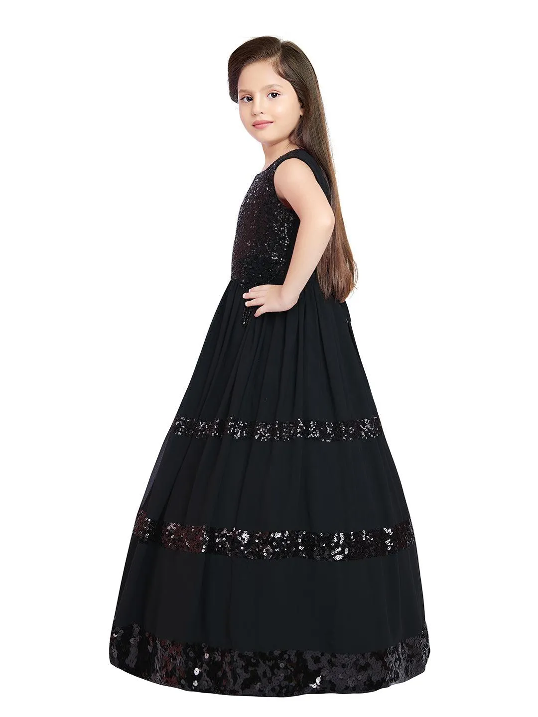 Black Coloured Sequined  Georgette Gown For Girls