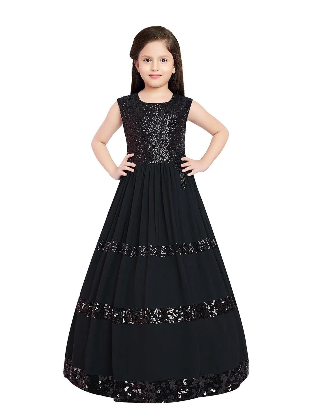 Black Coloured Sequined  Georgette Gown For Girls