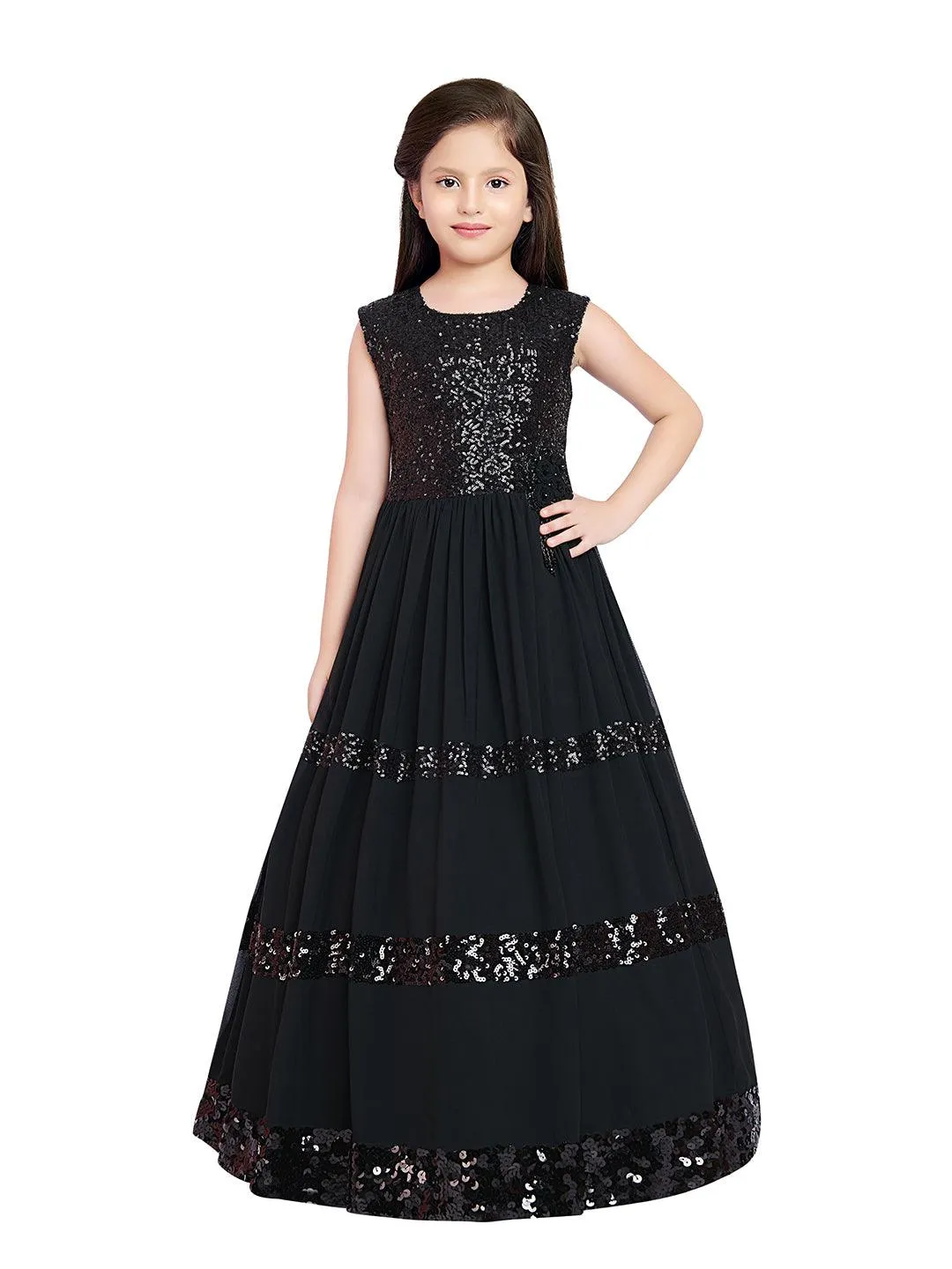 Black Coloured Sequined  Georgette Gown For Girls