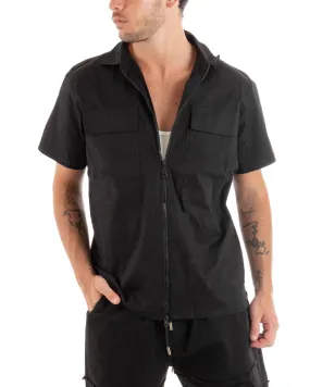 Camicia Uomo Cotone Colletto Maniche Corte Tinta Unita Cerniera Nero GIOSAL-CC1200A