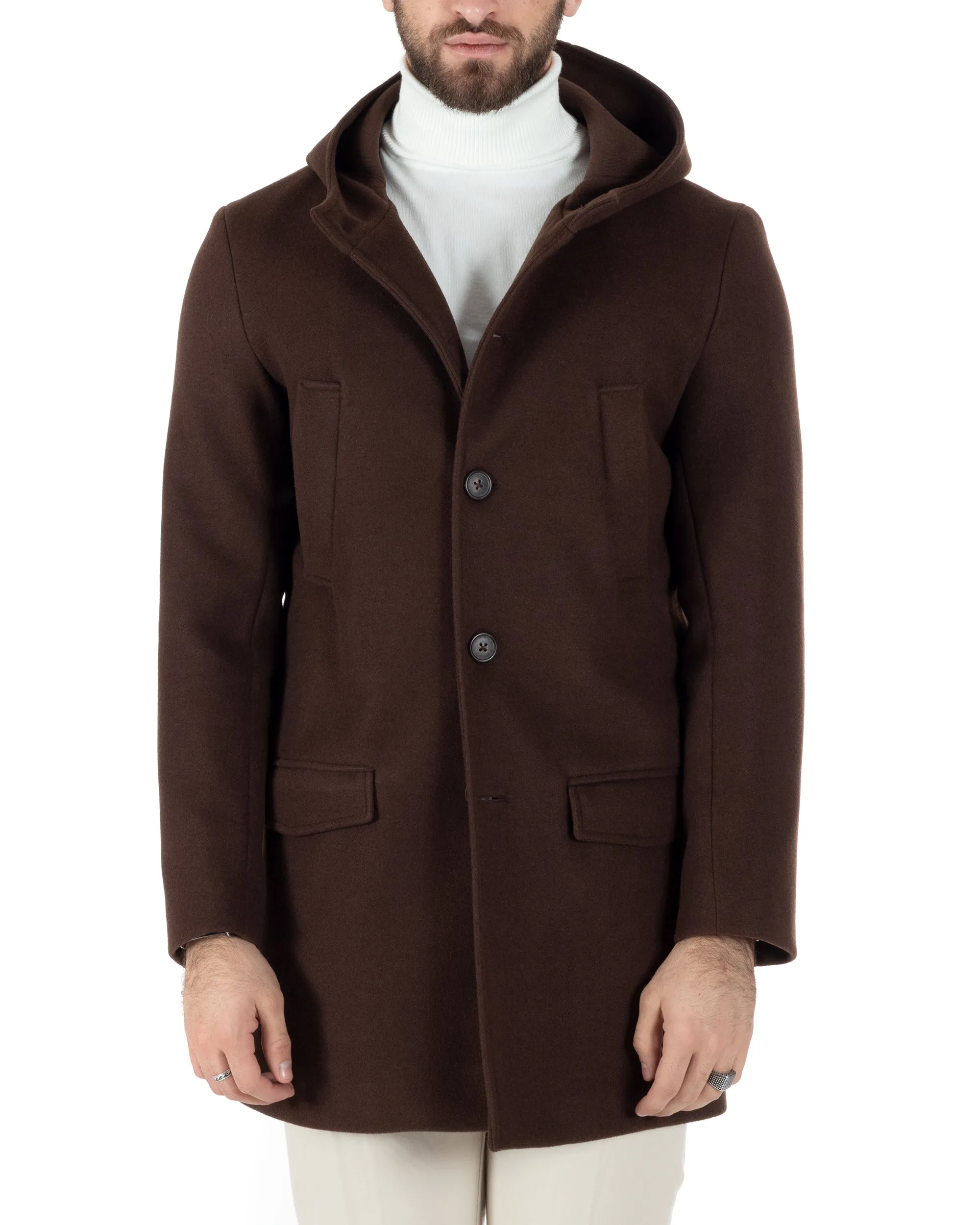 Cappotto Monopetto Uomo Giacca Giaccone Con Cappuccio Marrone Baronetto Elegante GIOSAL-CO1012A