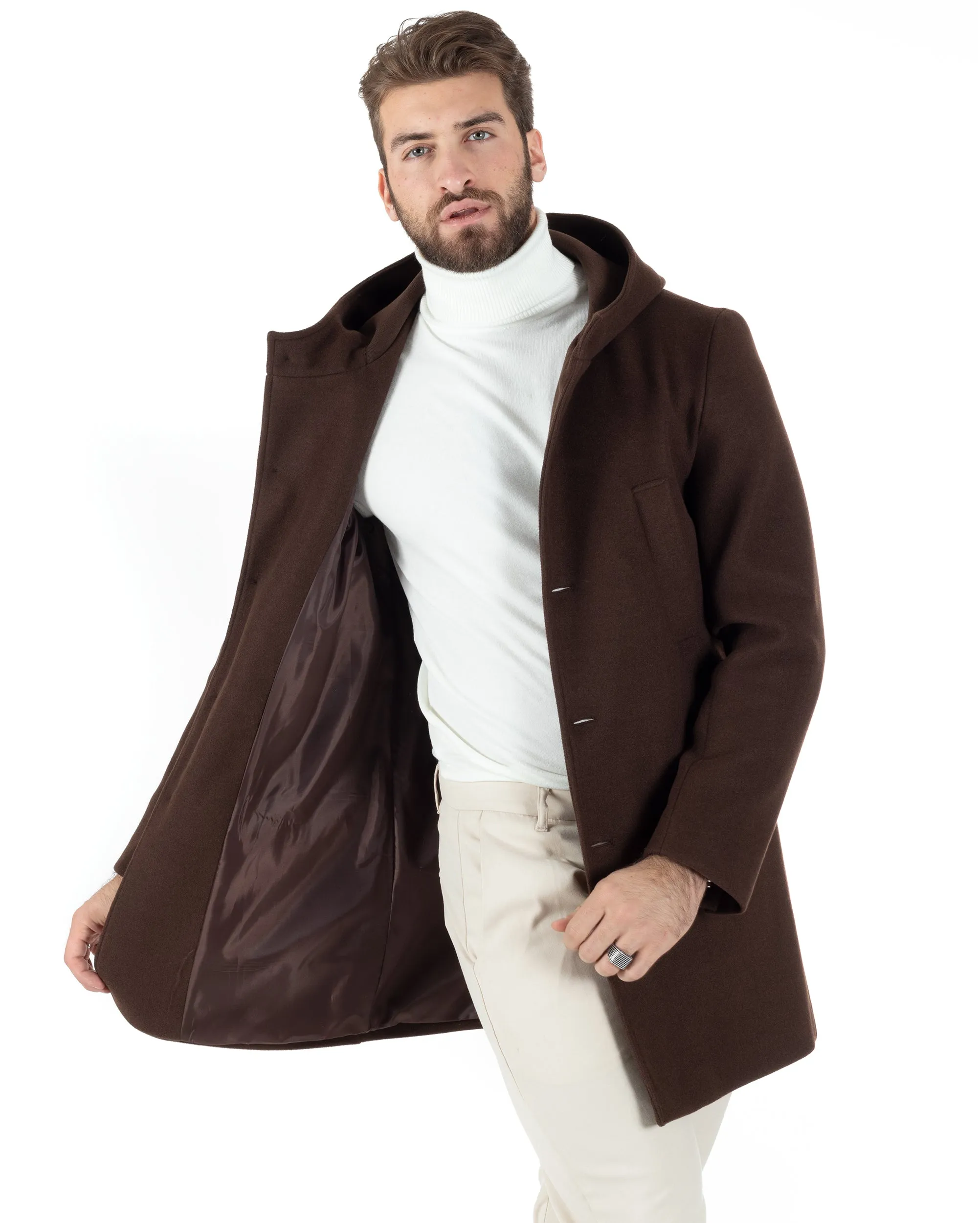 Cappotto Monopetto Uomo Giacca Giaccone Con Cappuccio Marrone Baronetto Elegante GIOSAL-CO1012A