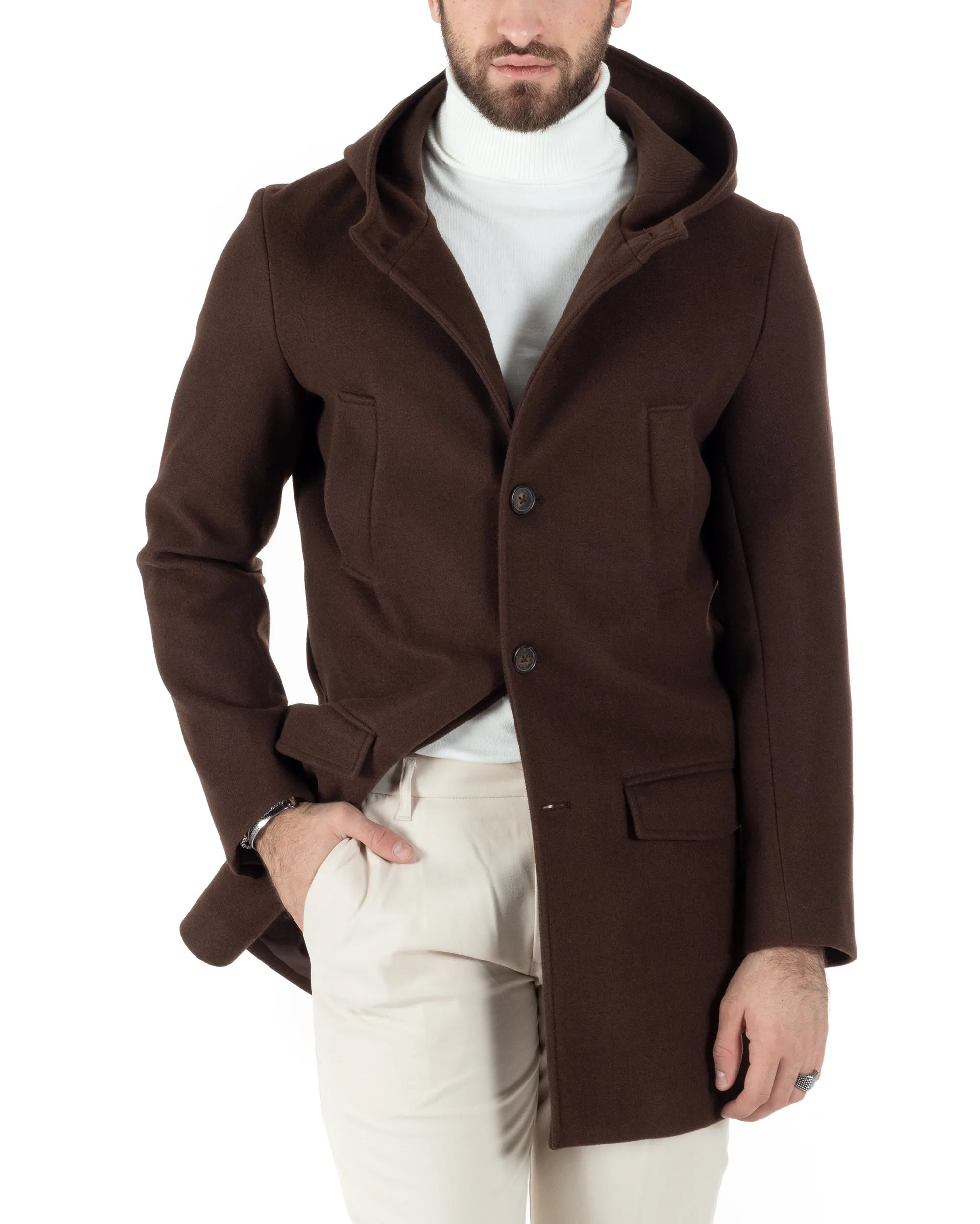 Cappotto Monopetto Uomo Giacca Giaccone Con Cappuccio Marrone Baronetto Elegante GIOSAL-CO1012A