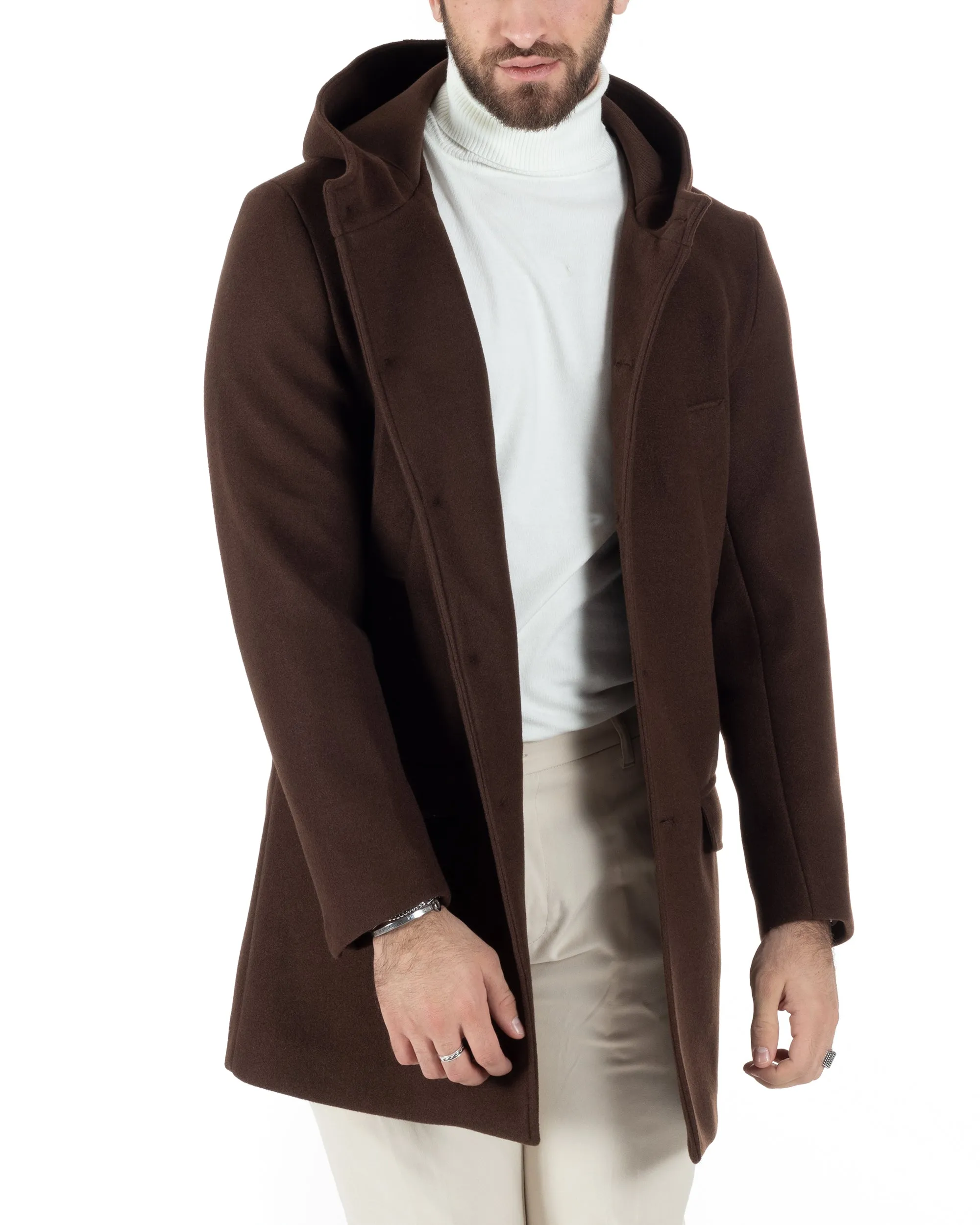 Cappotto Monopetto Uomo Giacca Giaccone Con Cappuccio Marrone Baronetto Elegante GIOSAL-CO1012A