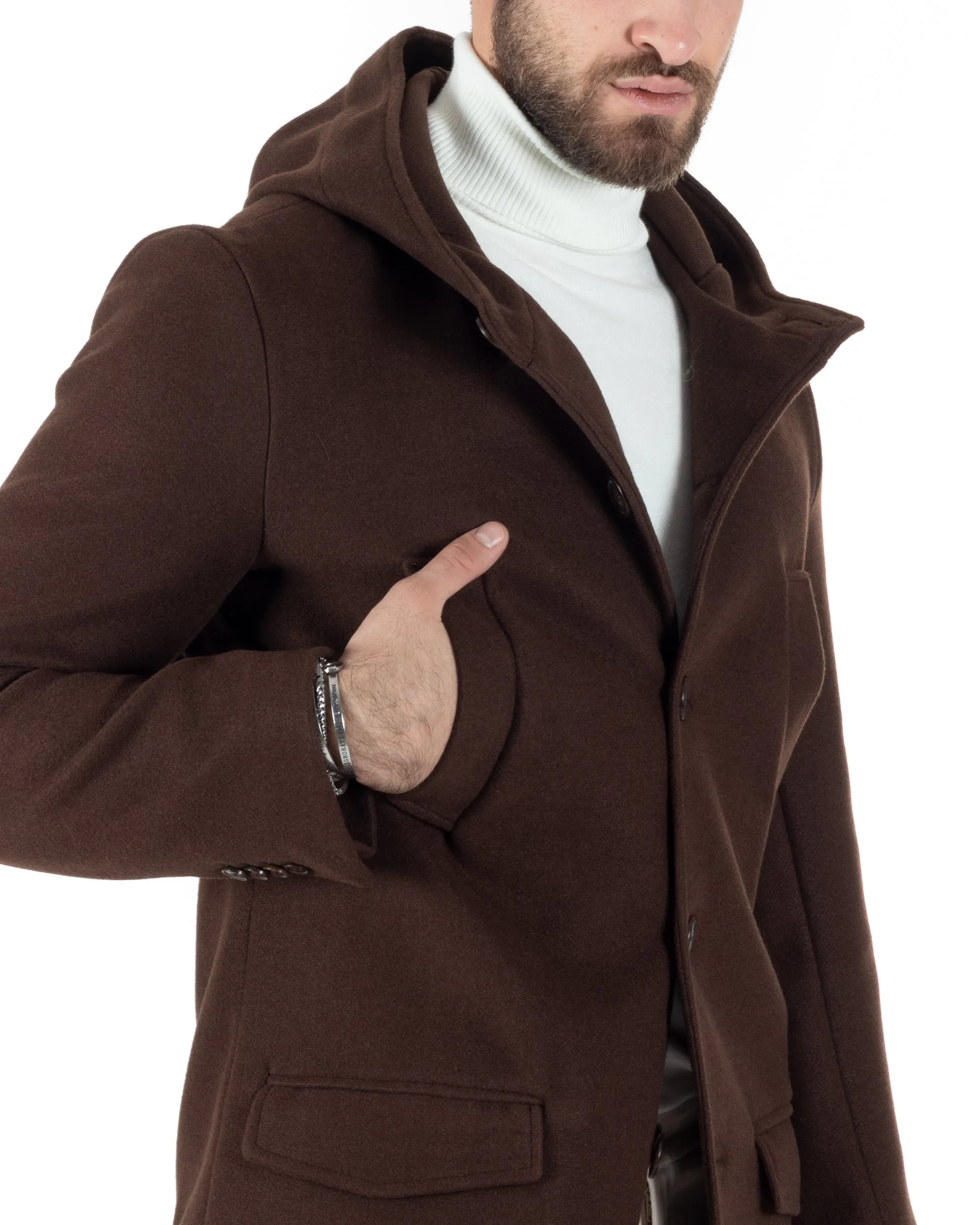 Cappotto Monopetto Uomo Giacca Giaccone Con Cappuccio Marrone Baronetto Elegante GIOSAL-CO1012A