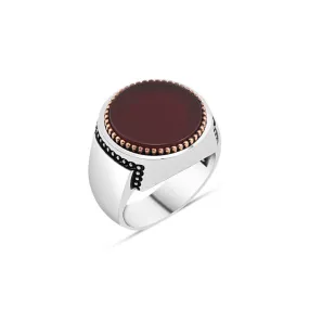 Circle Red Agate Stone Silver Men's Ring Siding Points in Brick Form