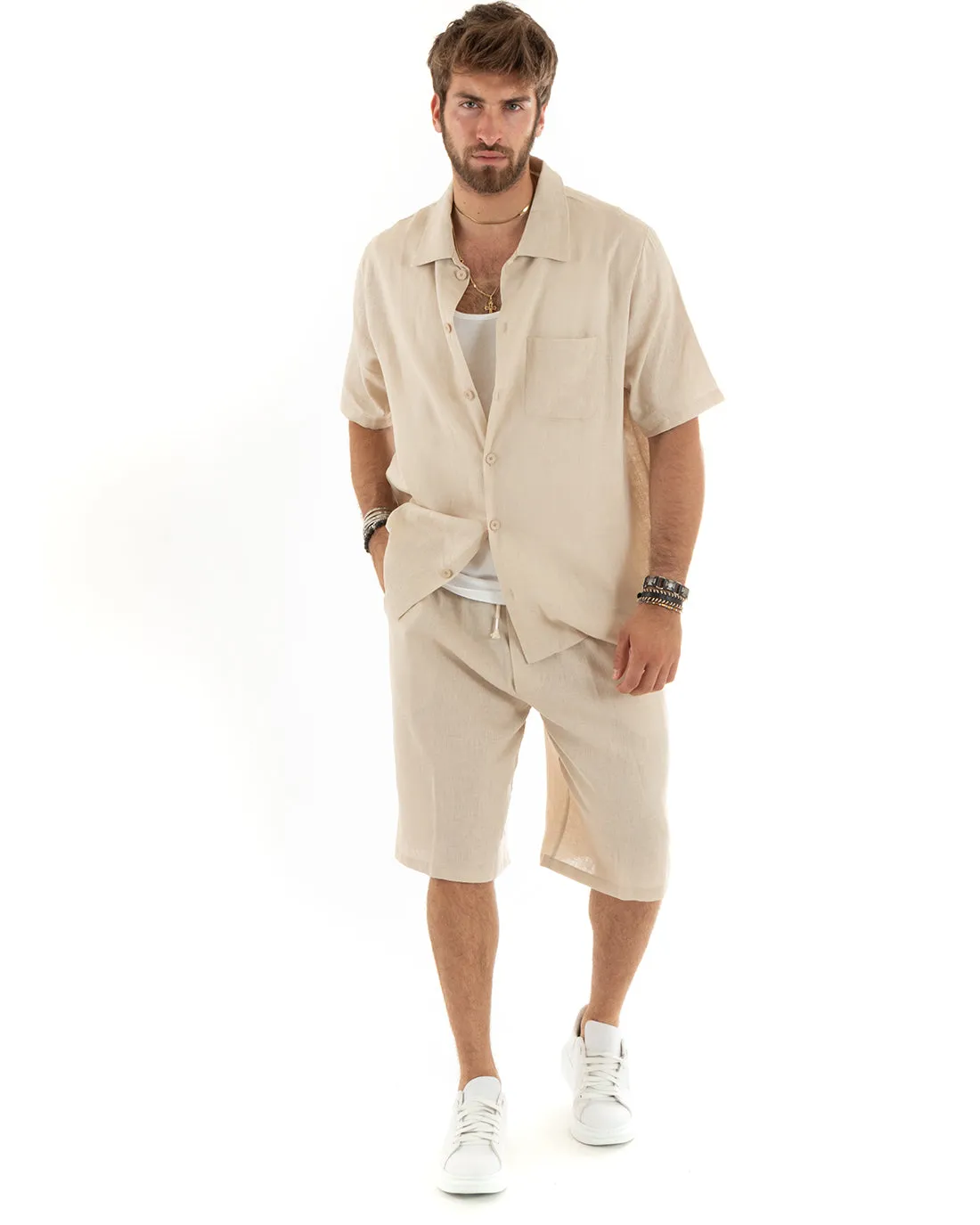 Completo Set Coordinato Uomo Lino Camicia Con Colletto Bermuda Outfit Beige GIOSAL-OU2346A