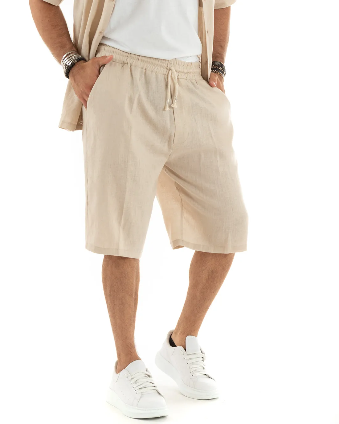 Completo Set Coordinato Uomo Lino Camicia Con Colletto Bermuda Outfit Beige GIOSAL-OU2346A