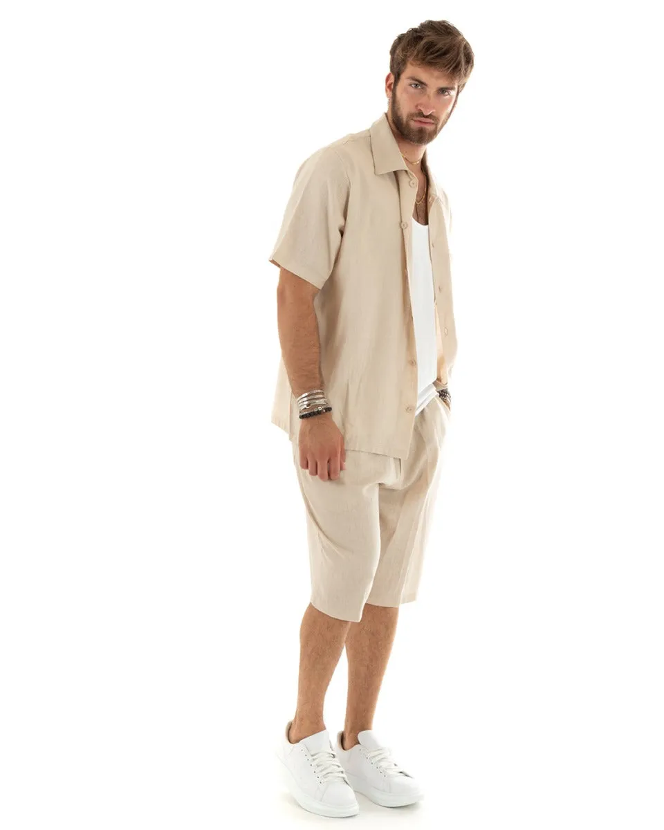 Completo Set Coordinato Uomo Lino Camicia Con Colletto Bermuda Outfit Beige GIOSAL-OU2346A