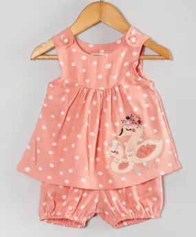 Dot print infant coordinate set with ducks patchwork on top-Peach