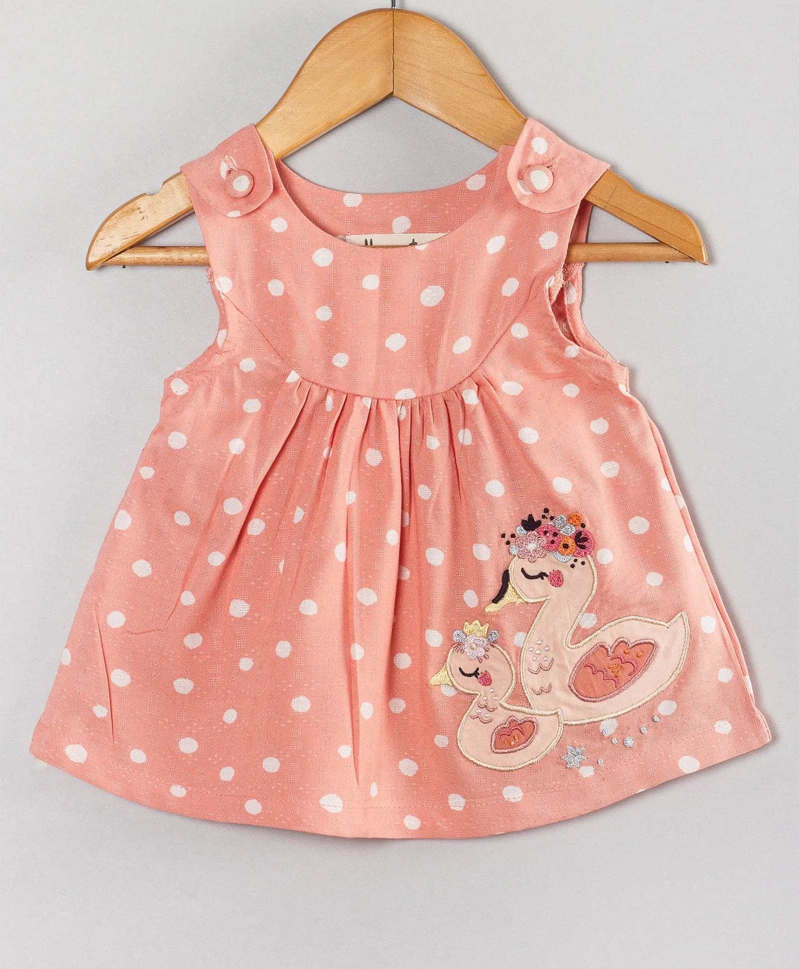 Dot print infant coordinate set with ducks patchwork on top-Peach