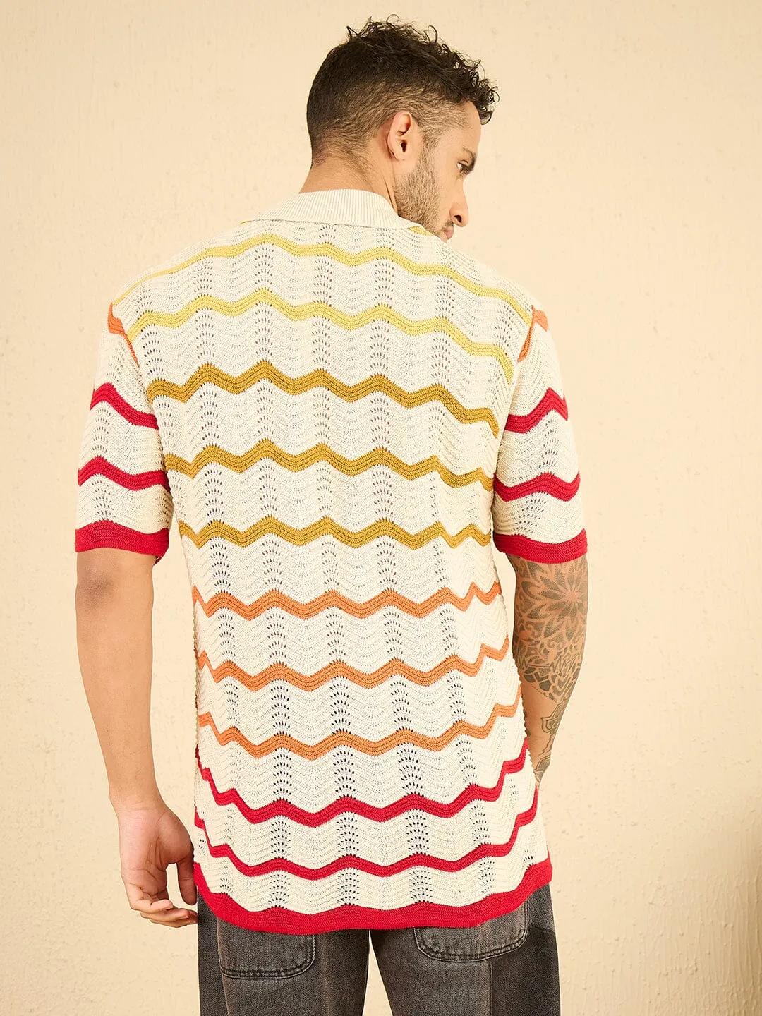 Ecru Wavy Stripes Crochet Shirt