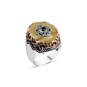 Eye Figure on Yellow Ellipse Synthetic Amber Stone Silver Men's Ring with Wavy Top Pattern Around