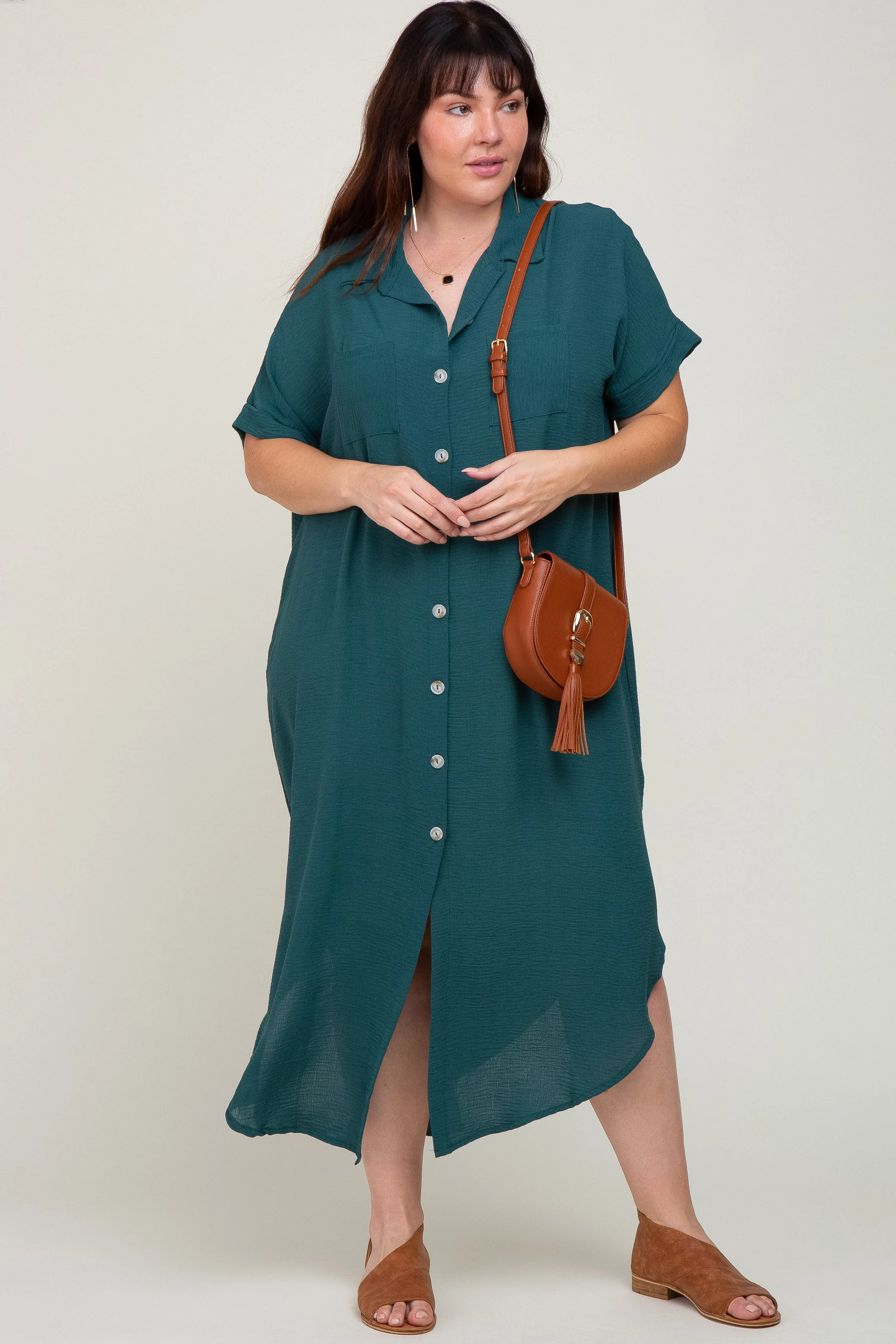 Forest Green Button Down Hi Low Maternity Plus Maxi Dress