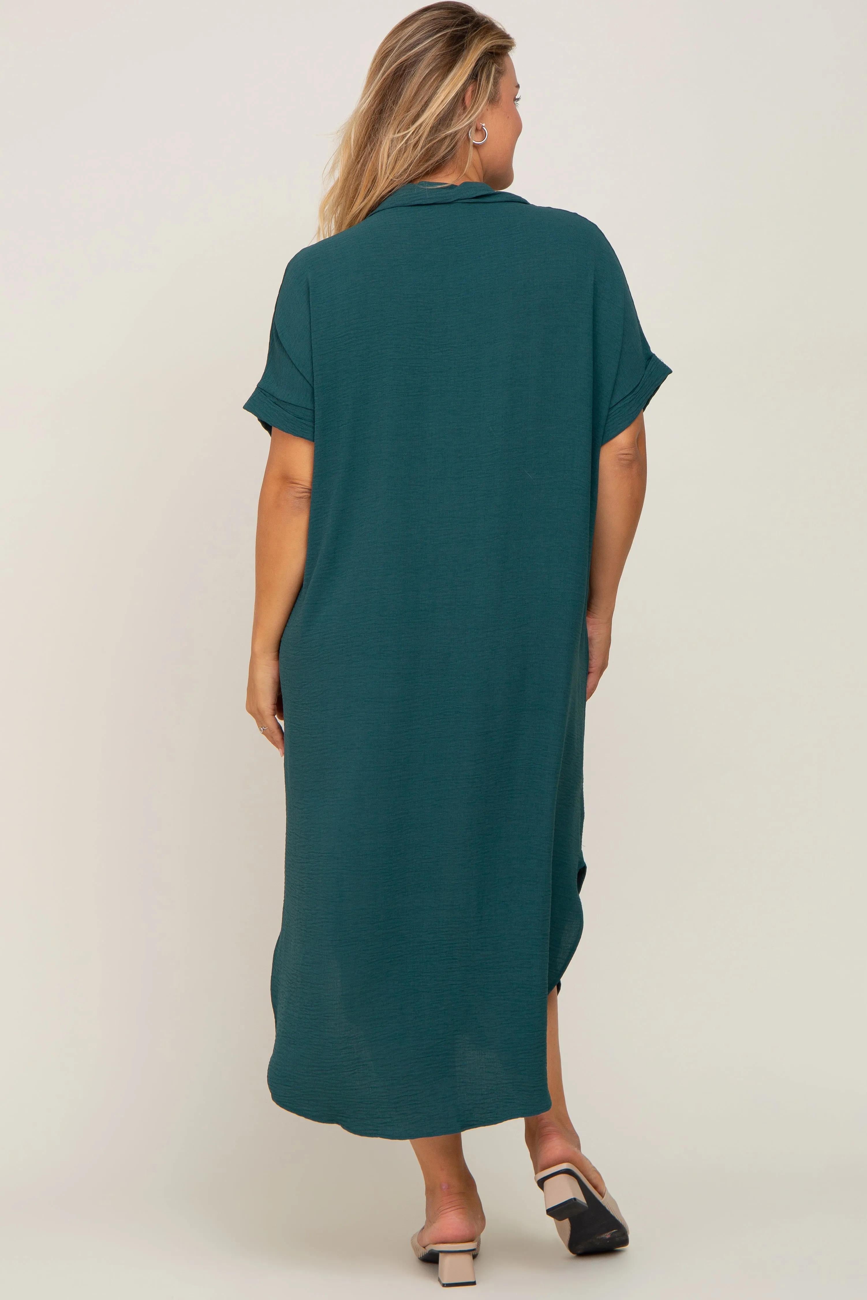 Forest Green Button Down Hi Low Maternity Plus Maxi Dress