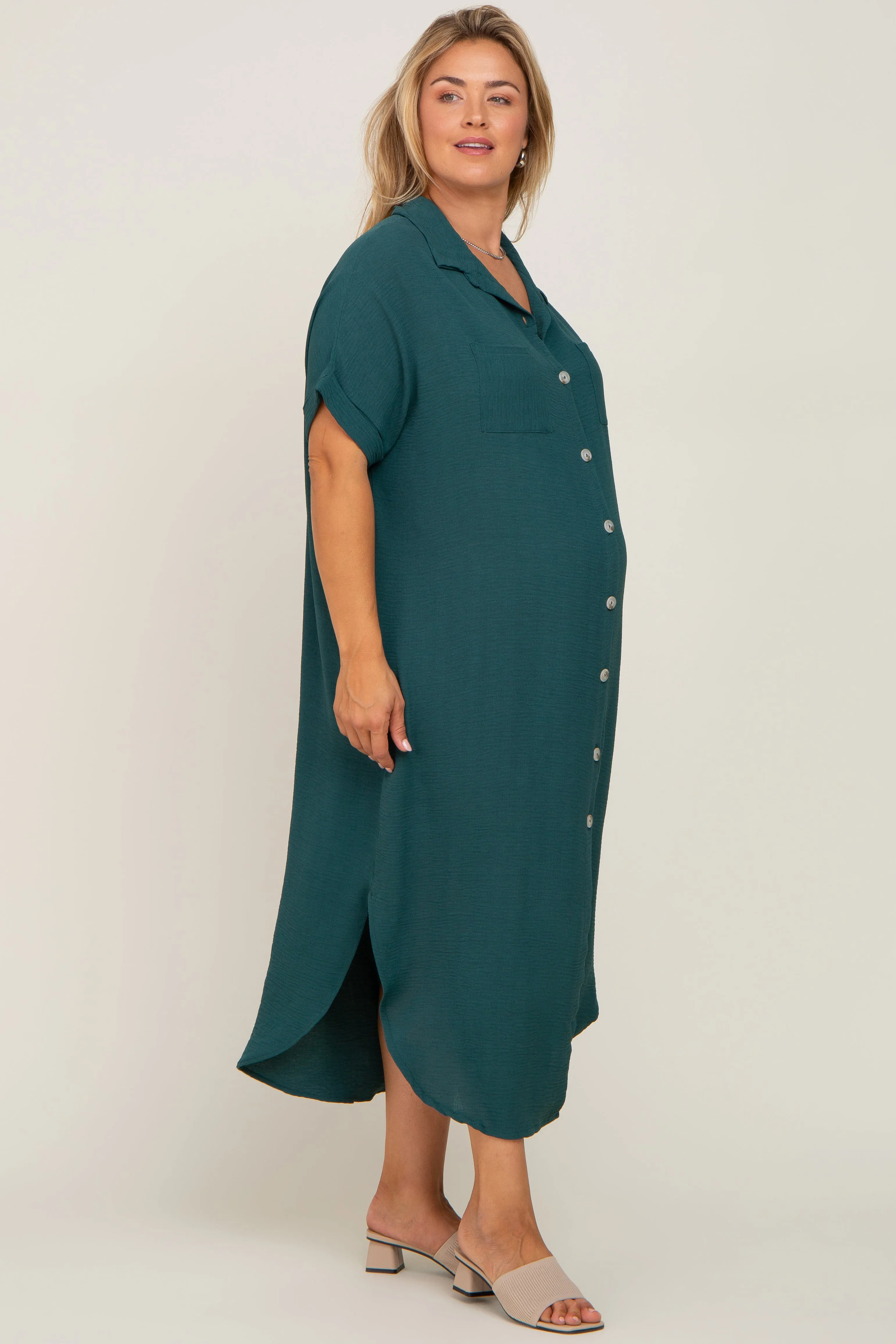 Forest Green Button Down Hi Low Maternity Plus Maxi Dress