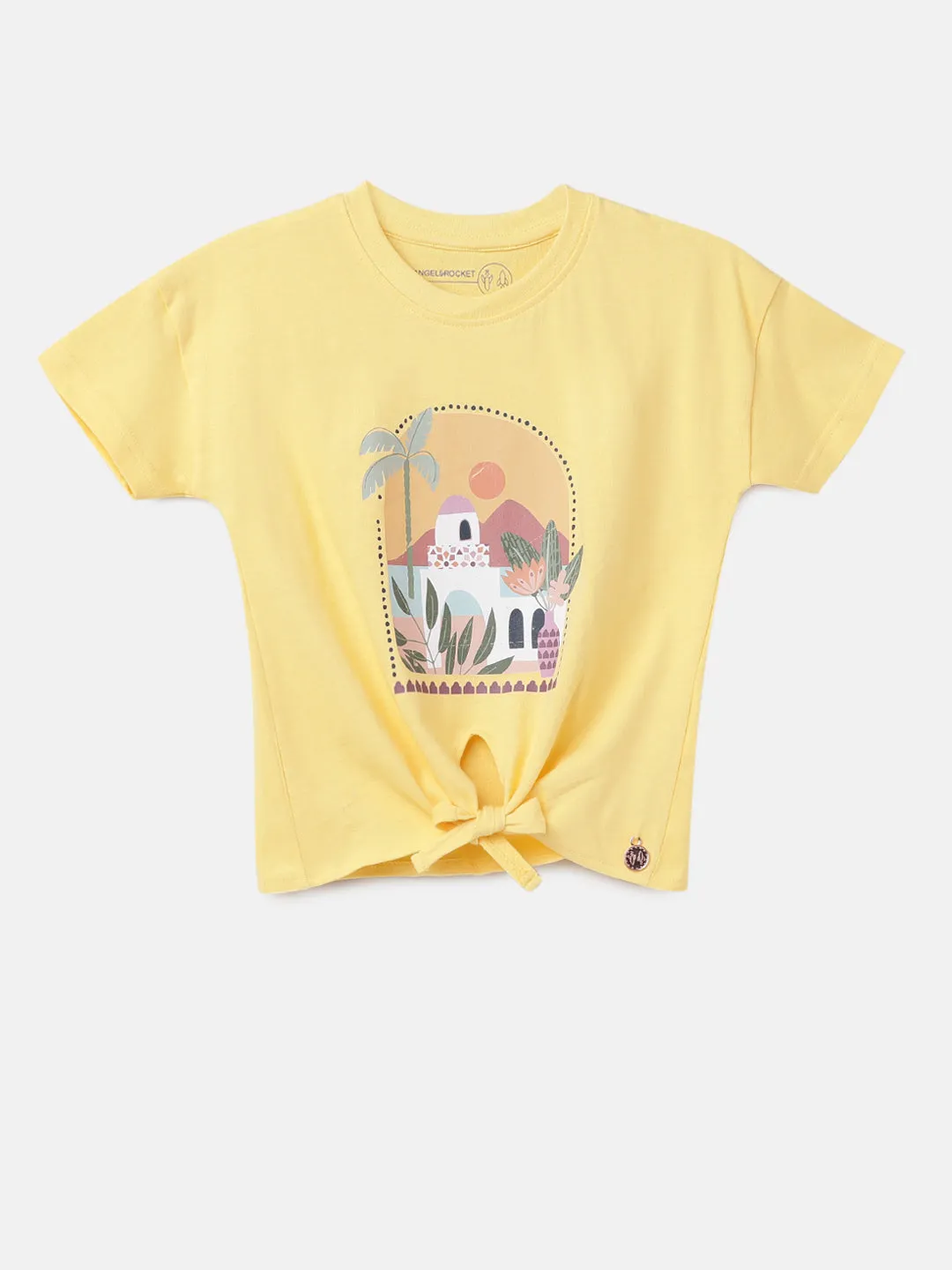 Girls Printed Smart Tie Front Yellow T-Shirt