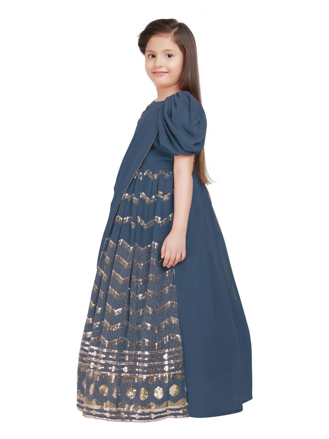 Grey Embellished Georgette With Saree Style Dupatta Attached Gown For Girls