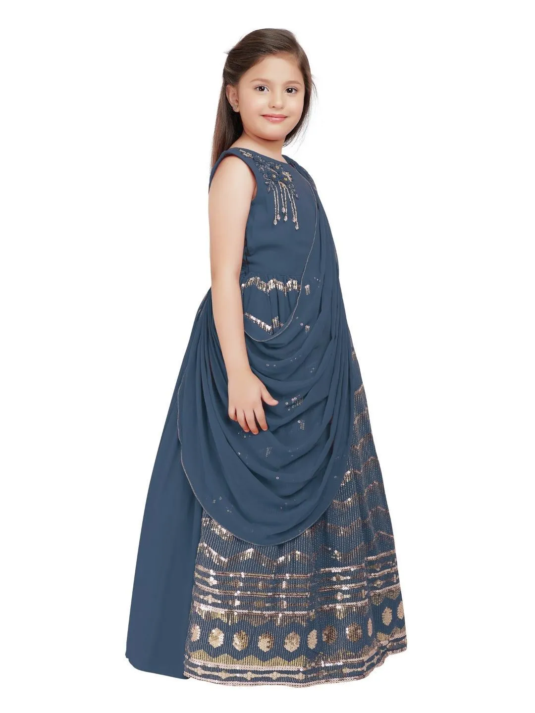 Grey Embellished Georgette With Saree Style Dupatta Attached Gown For Girls