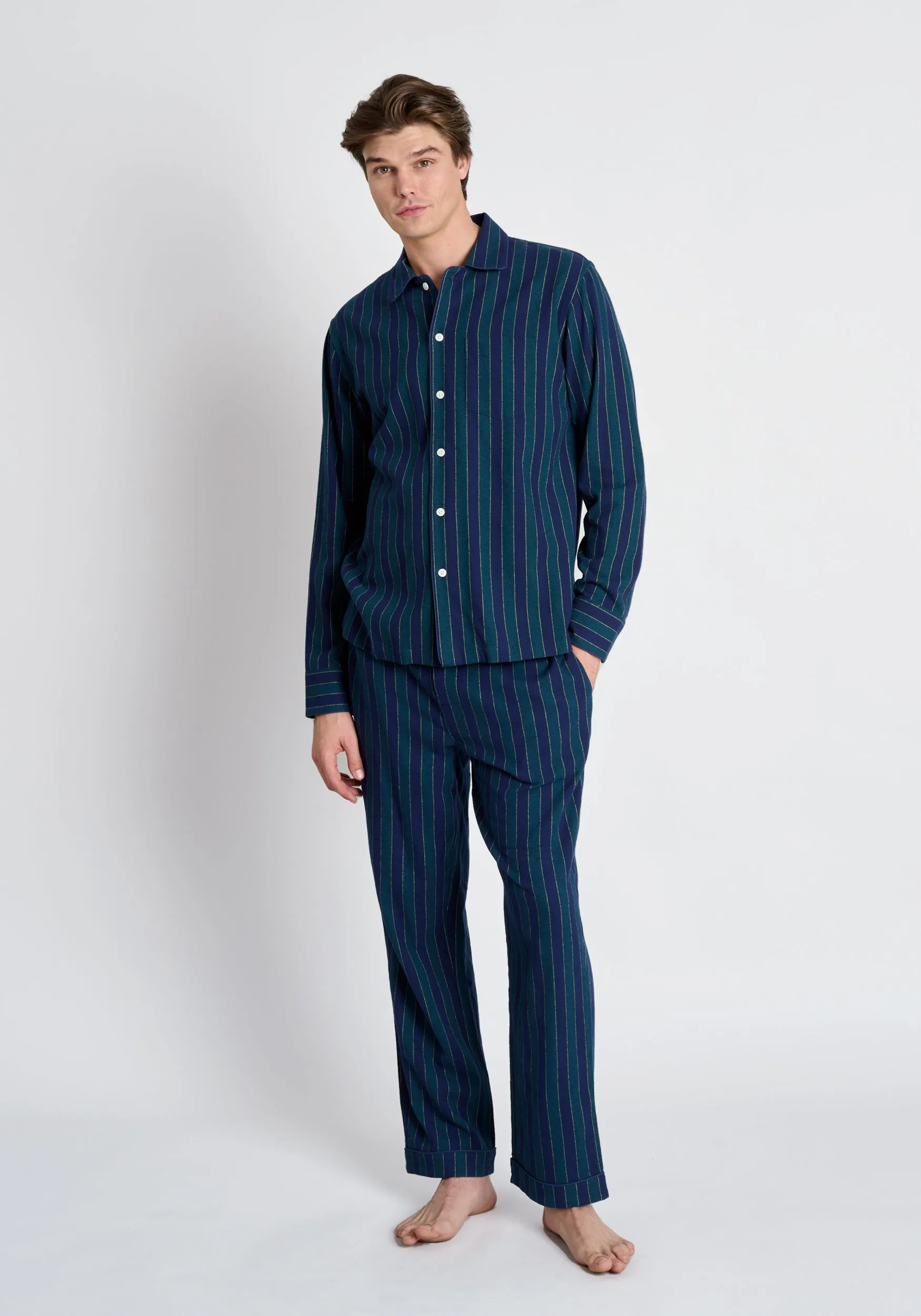 Henry Pajama Set in Green, Navy, and Gold Flannel Stripe