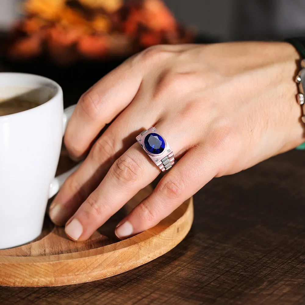 Male Graduating Ring 12x10 mm Blue Sapphire and Natural Diamonds SOLID 10K Gold Band